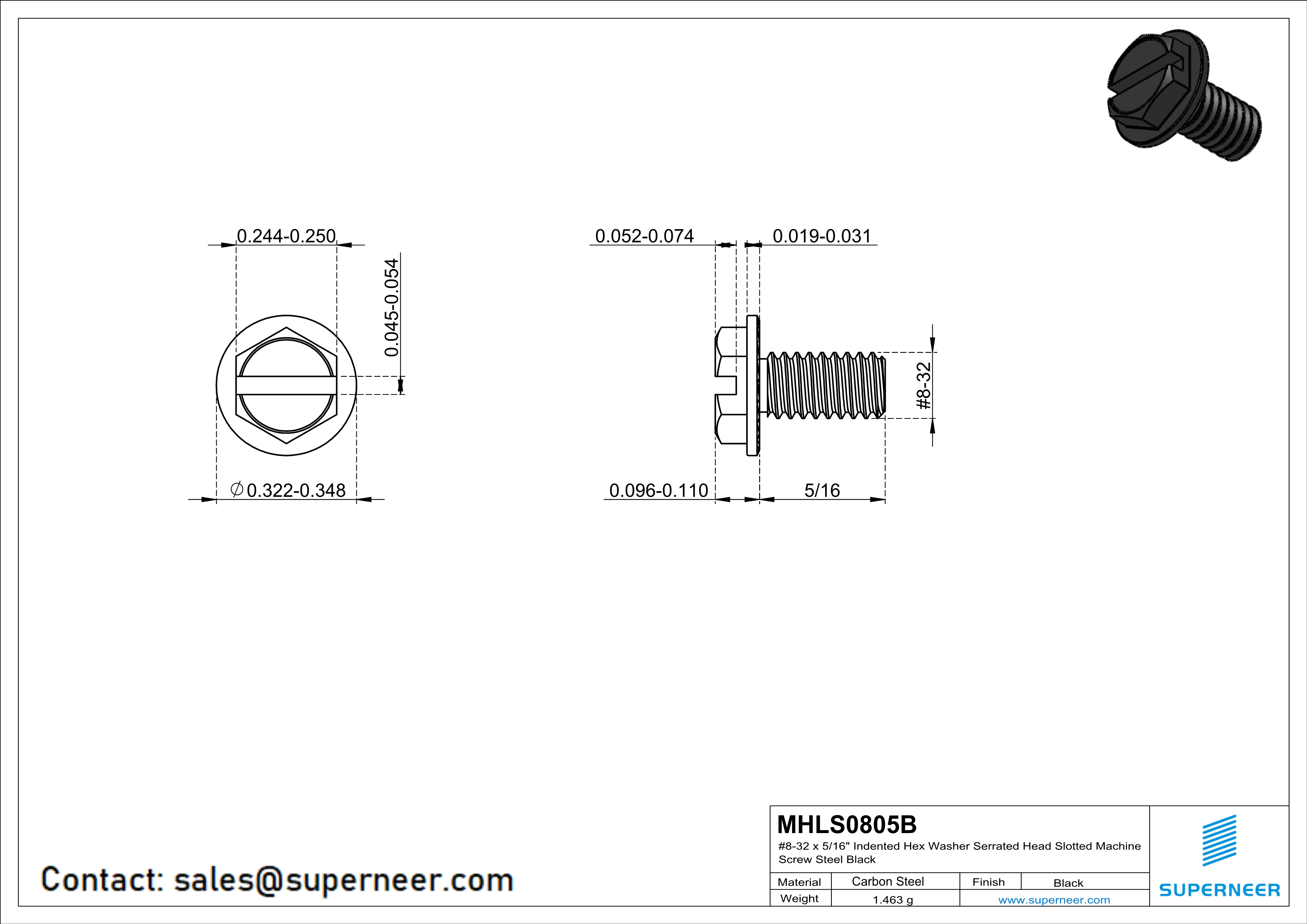 8-32 x 5/16" Indented Hex Washer Serrated Head Slotted Machine Screw Steel Black