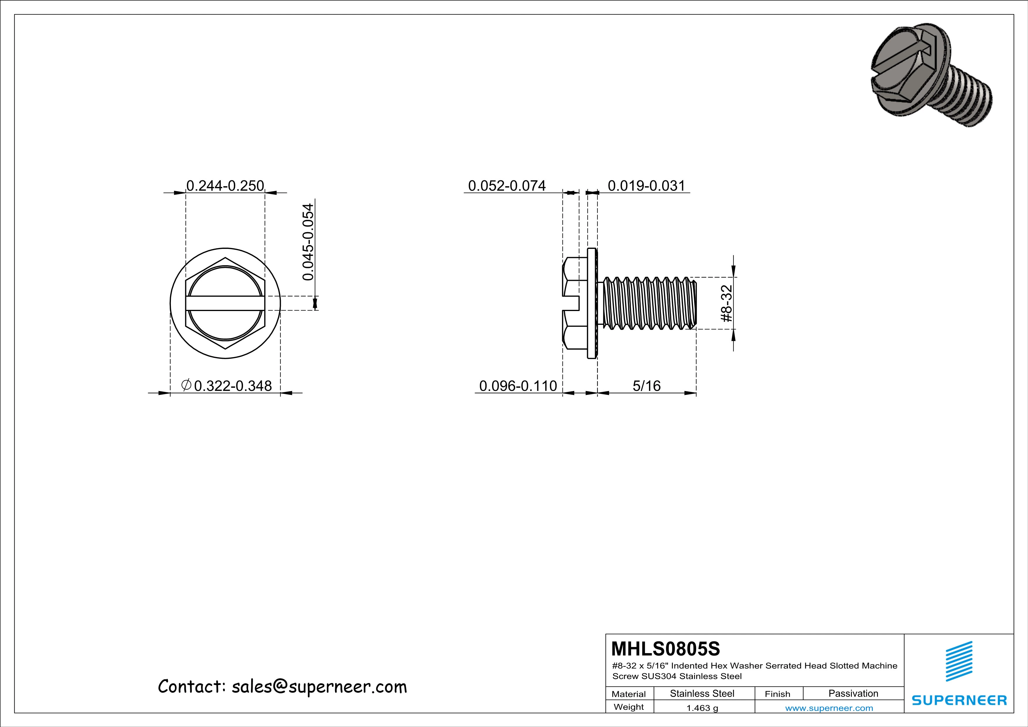 8-32 x 5/16" Indented Hex Washer Serrated Head Slotted Machine Screw SUS304 Stainless Steel Inox