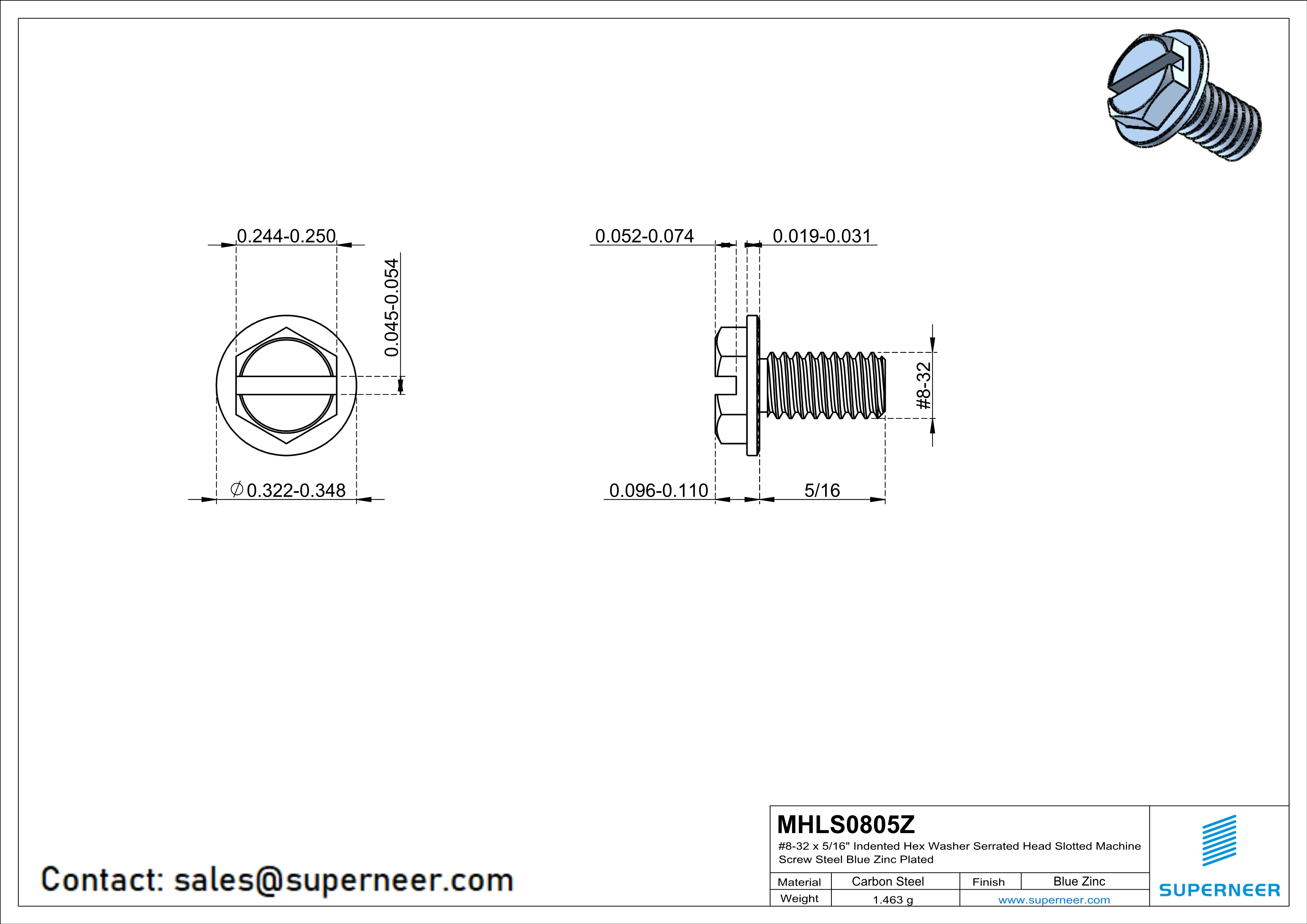 8-32 x 5/16" Indented Hex Washer Serrated Head Slotted Machine Screw Steel Blue Zinc Plated