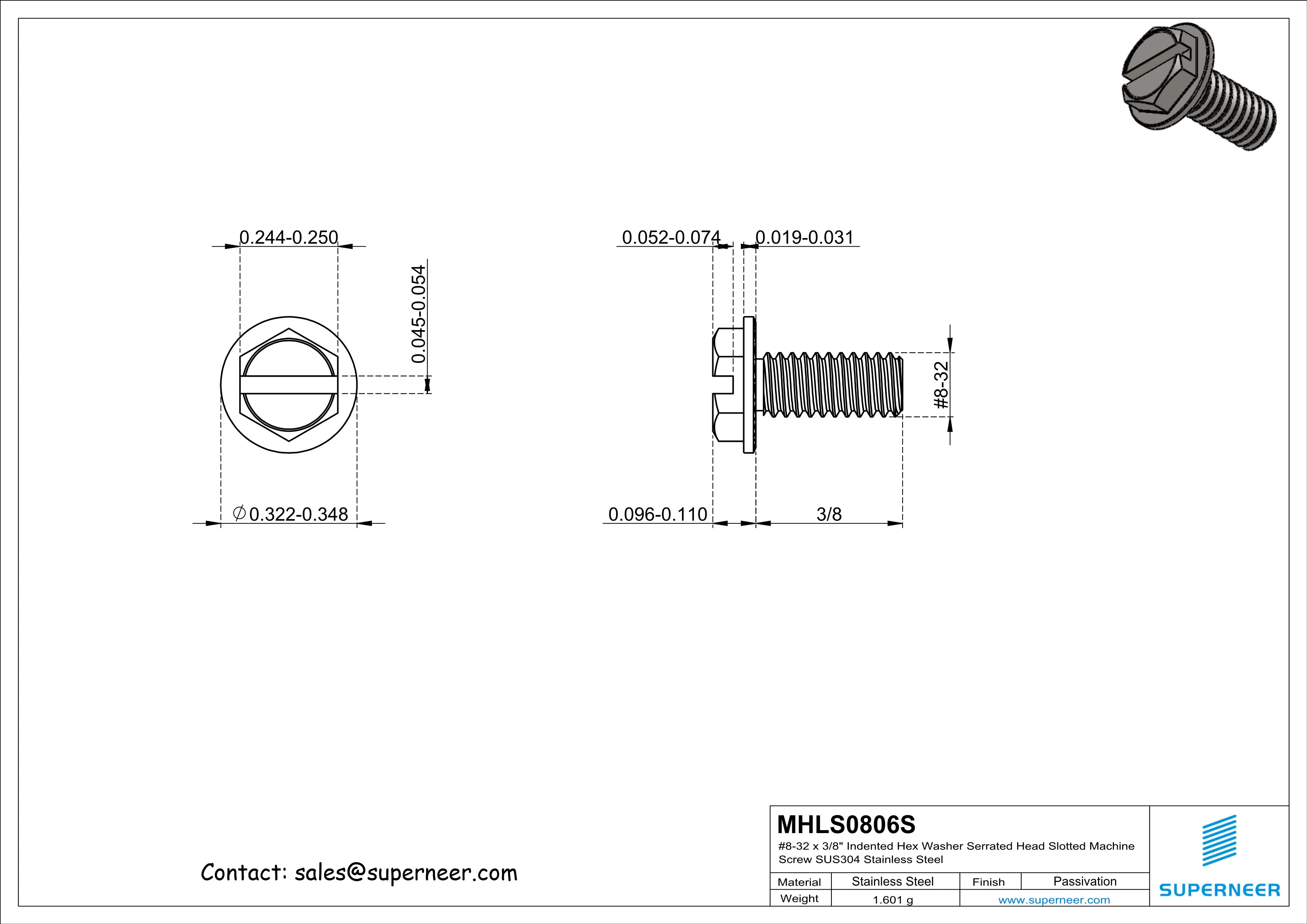 8-32 x 3/8" Indented Hex Washer Serrated Head Slotted Machine Screw SUS304 Stainless Steel Inox