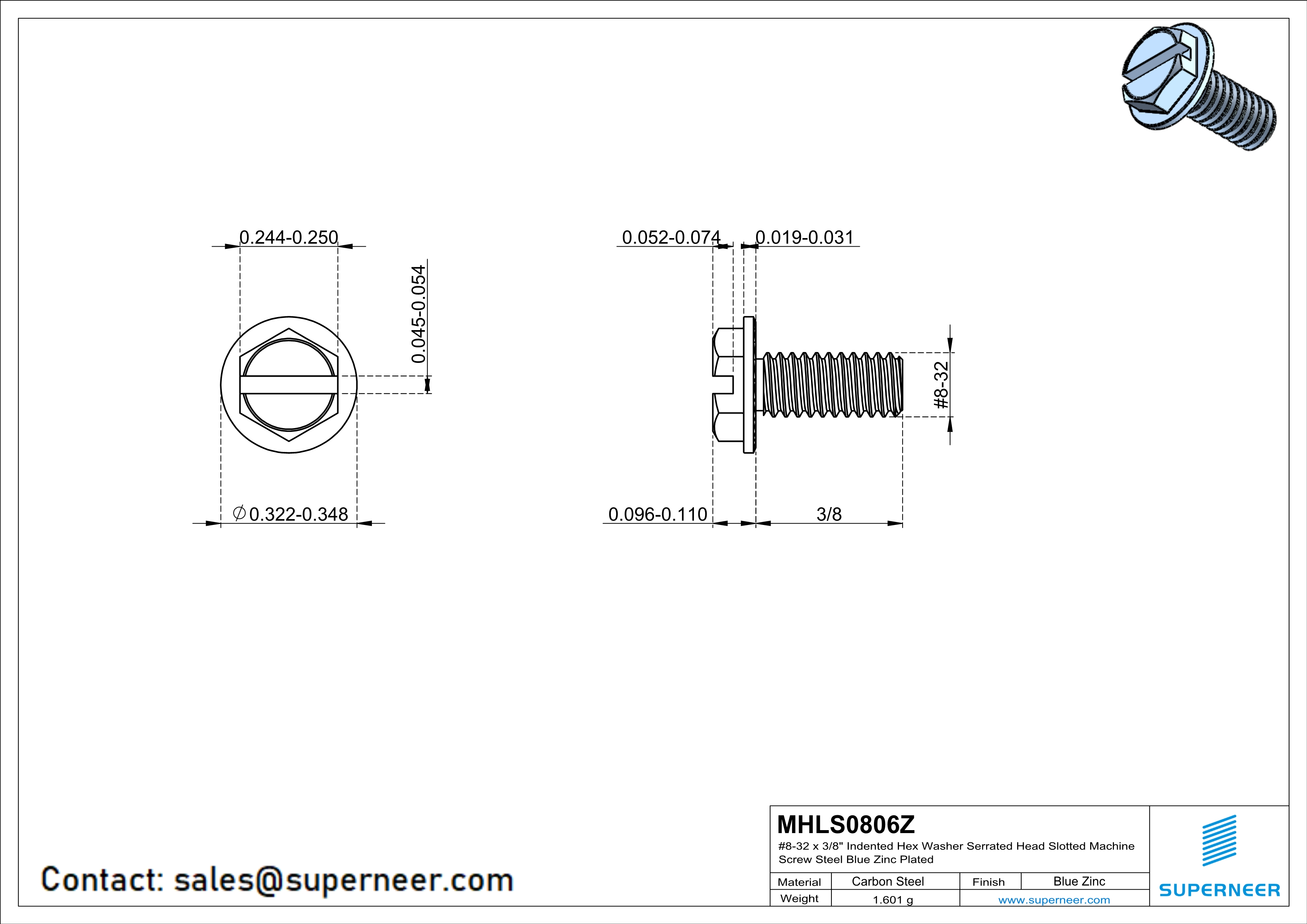 8-32 x 3/8" Indented Hex Washer Serrated Head Slotted Machine Screw Steel Blue Zinc Plated