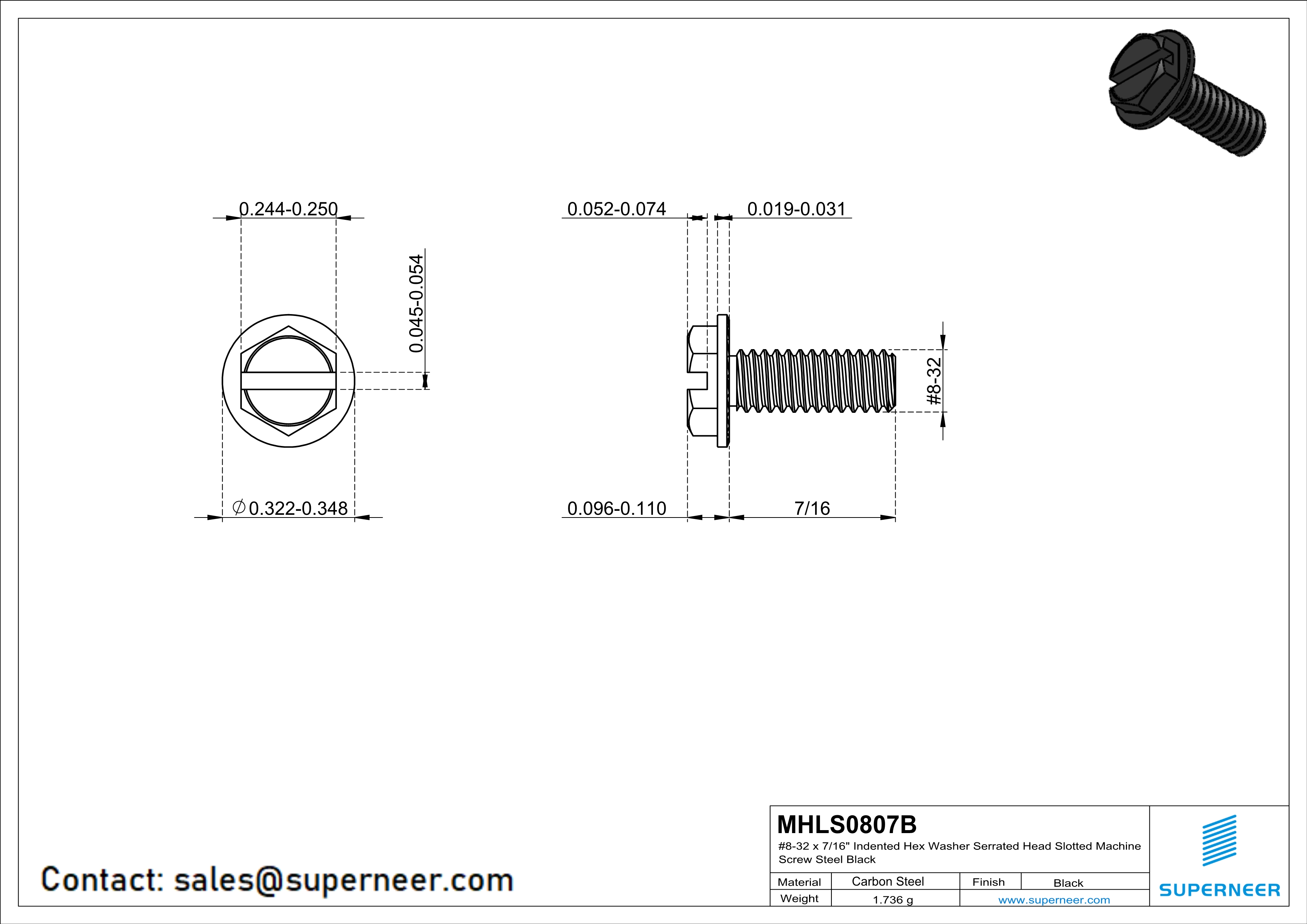 8-32 x 7/16“ Indented Hex Washer Serrated Head Slotted Machine Screw Steel Black