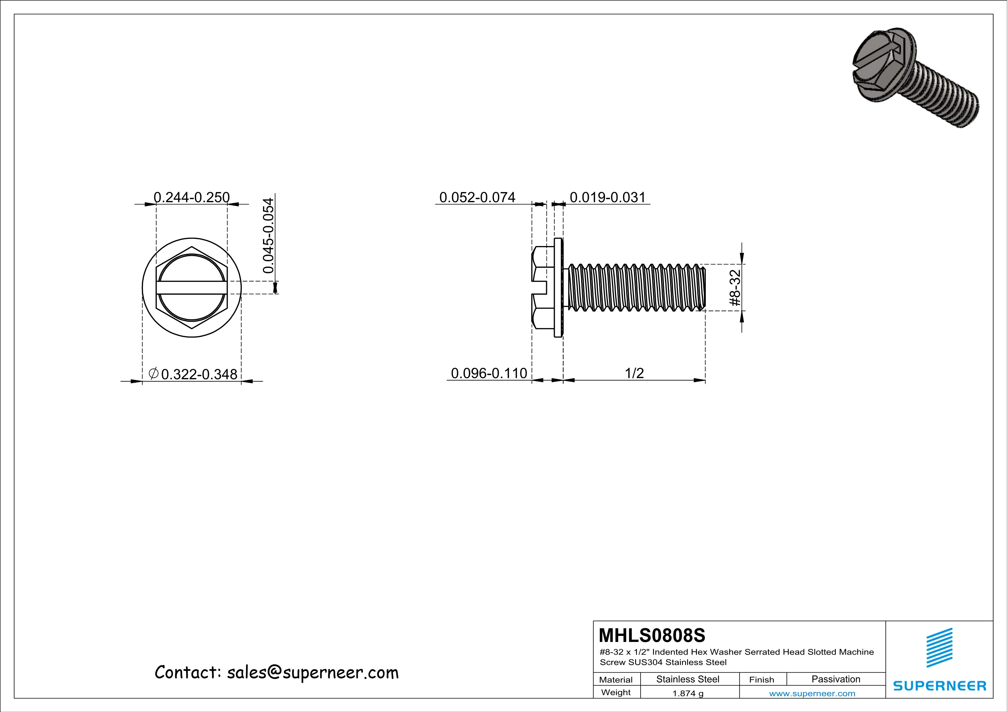 8-32 x 1/2" Indented Hex Washer Serrated Head Slotted Machine Screw SUS304 Stainless Steel Inox