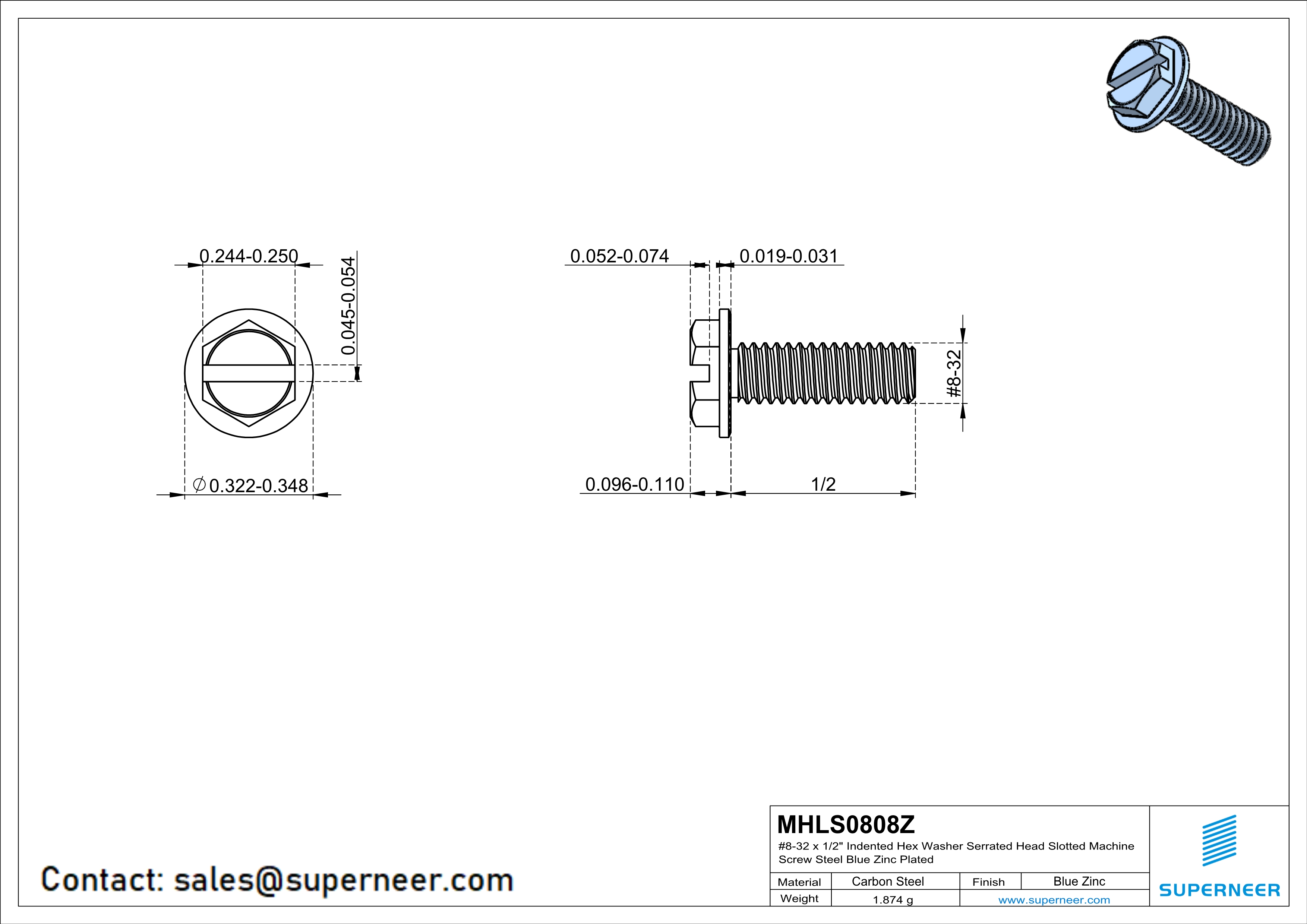 8-32 x 1/2" Indented Hex Washer Serrated Head Slotted Machine Screw Steel Blue Zinc Plated