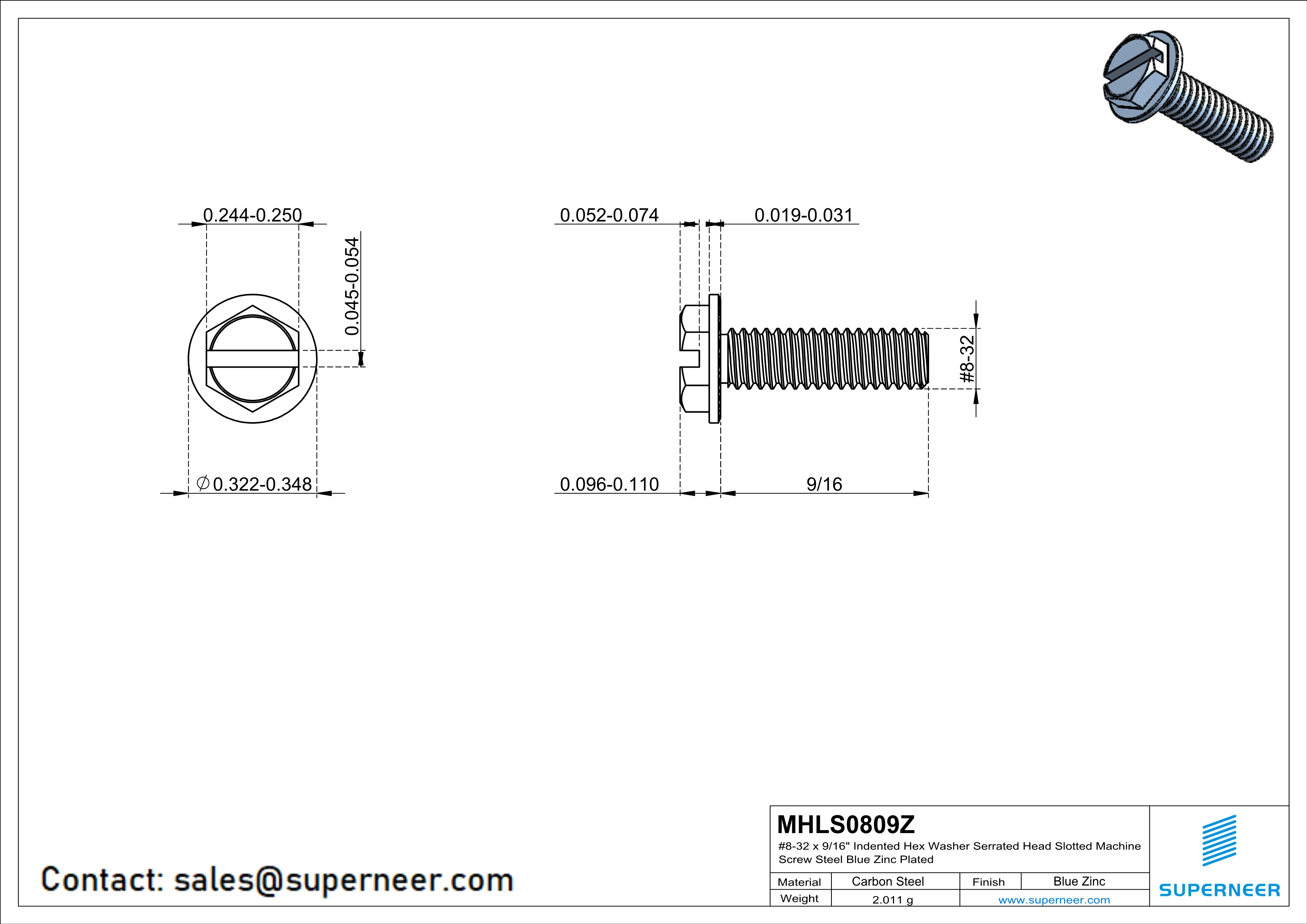 8-32 x 9/16“ Indented Hex Washer Serrated Head Slotted Machine Screw Steel Blue Zinc Plated