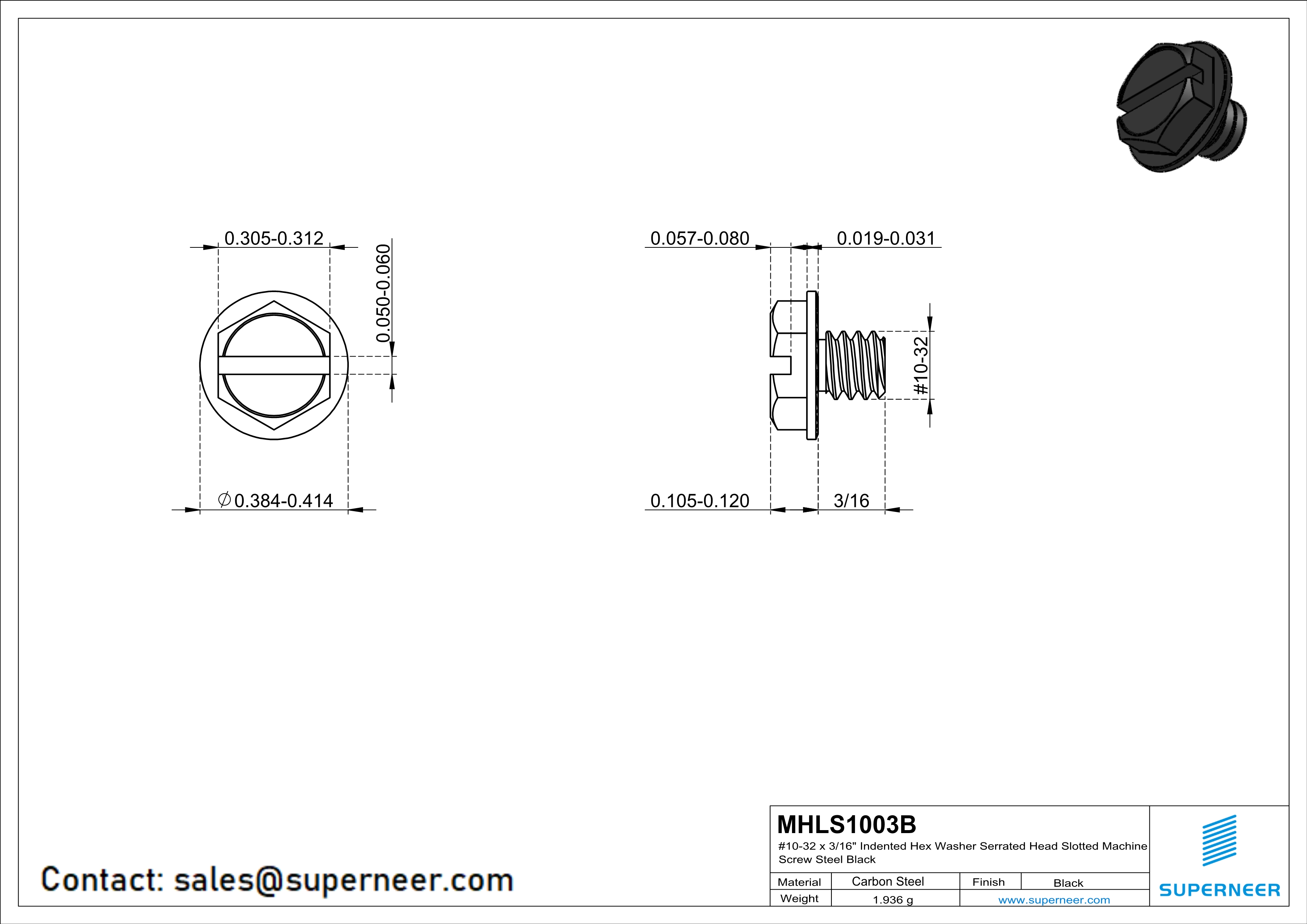 10-32 x 3/16" Indented Hex Washer Serrated Head Slotted Machine Screw Steel Black