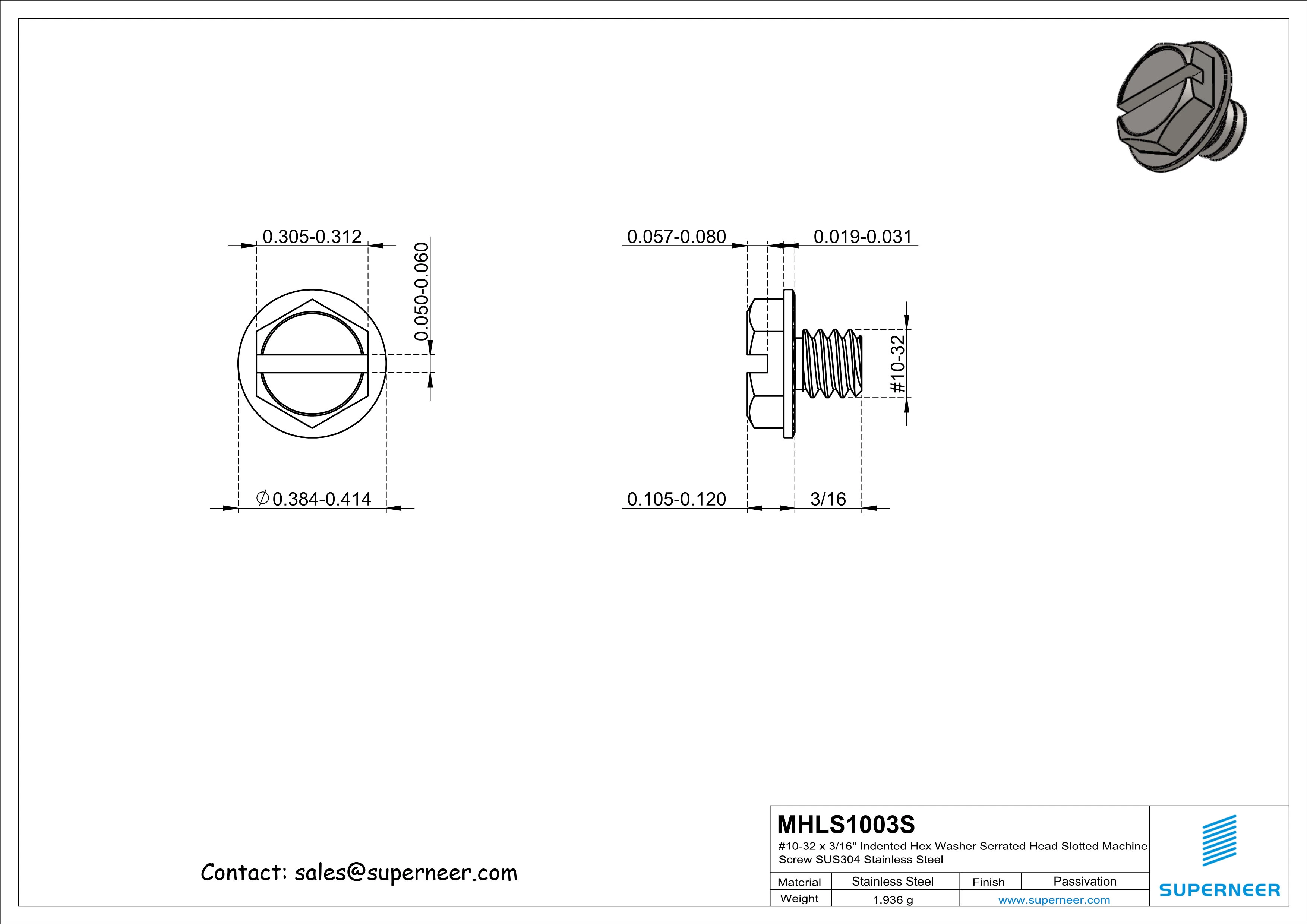 10-32  x 3/16" Indented Hex Washer Serrated Head Slotted Machine Screw SUS304 Stainless Steel Inox