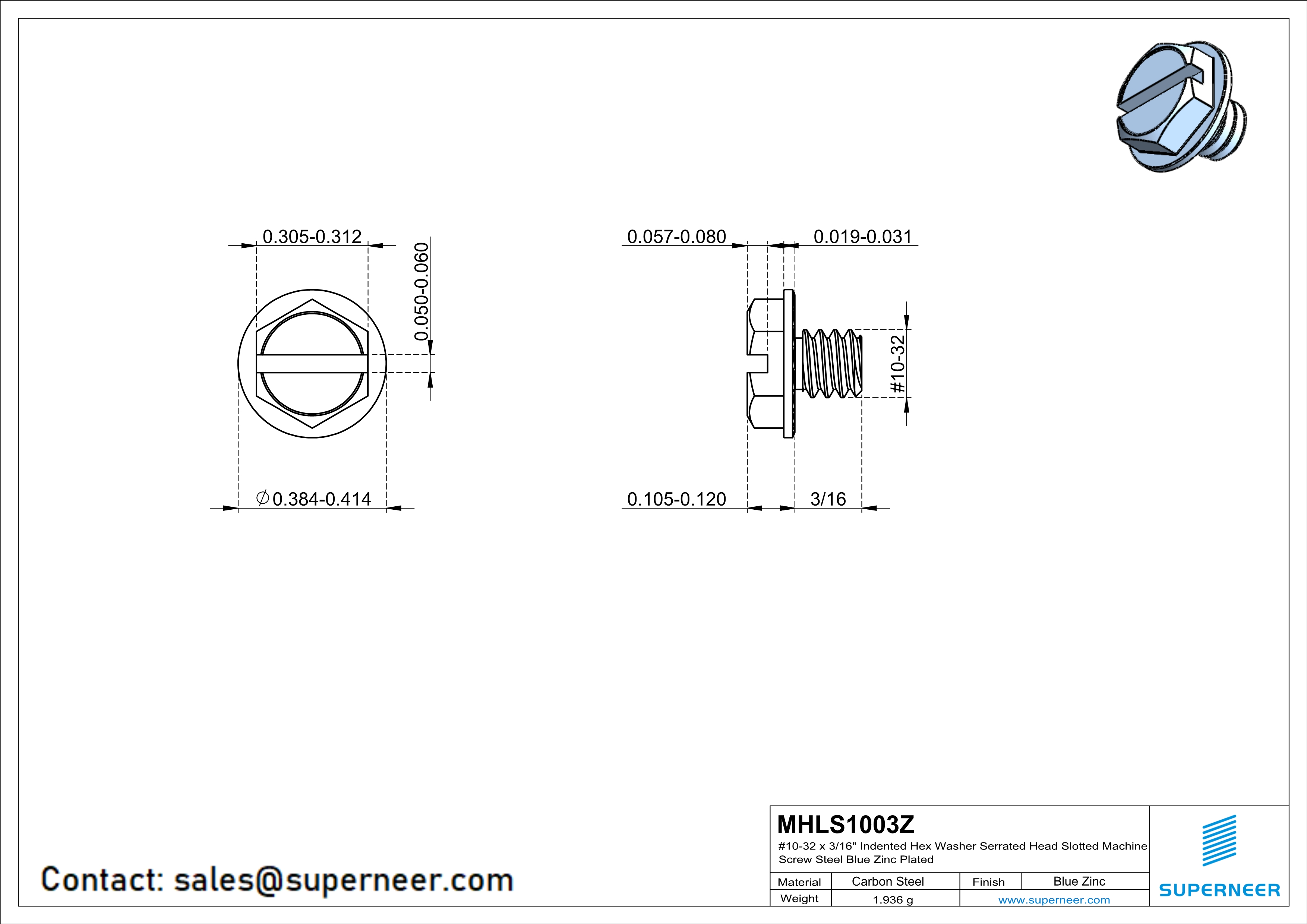 10-32 x 3/16" Indented Hex Washer Serrated Head Slotted Machine Screw Steel Blue Zinc Plated
