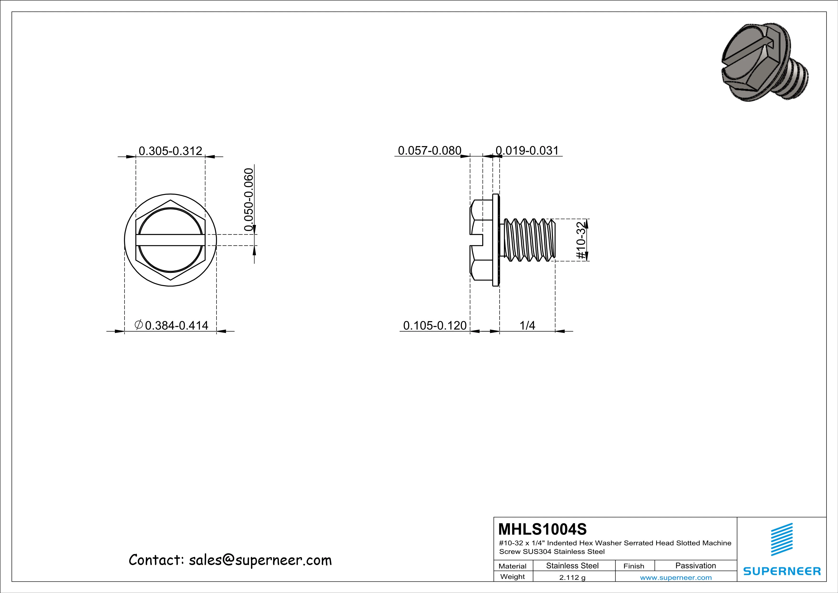 10-32 x 1/4" Indented Hex Washer Serrated Head Slotted Machine Screw SUS304 Stainless Steel Inox