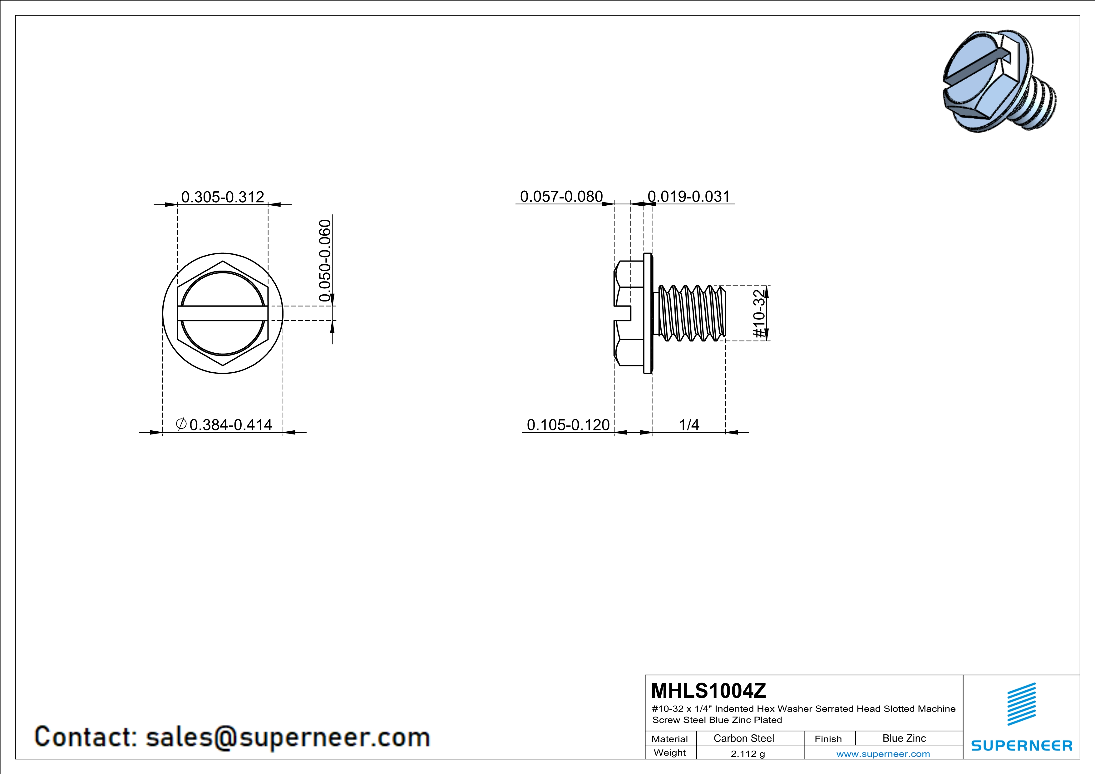 10-32 x 1/4" Indented Hex Washer Serrated Head Slotted Machine Screw Steel Blue Zinc Plated