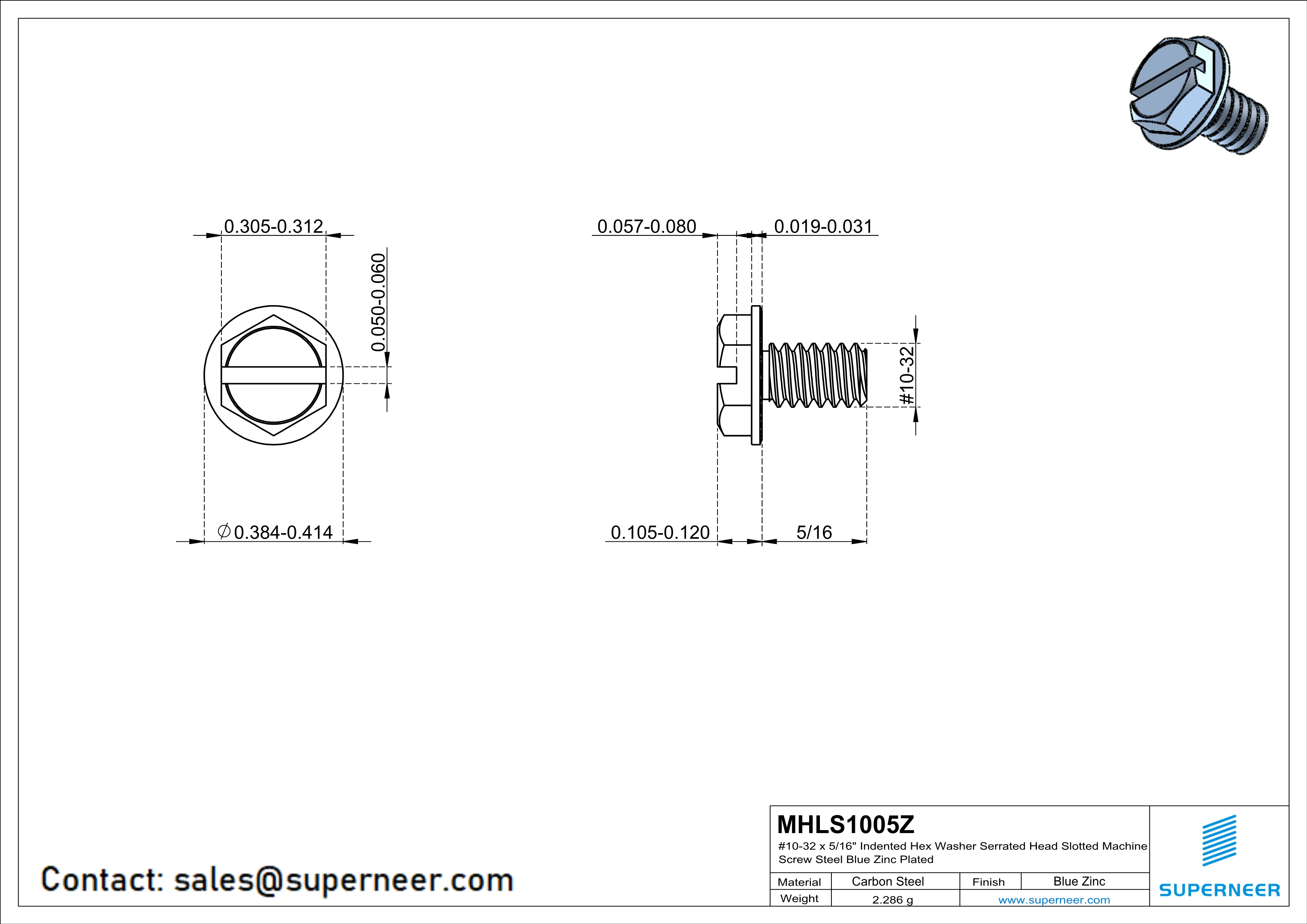 10-32 x 5/16" Indented Hex Washer Head Slotted Machine Screw Steel Blue Zinc Plated