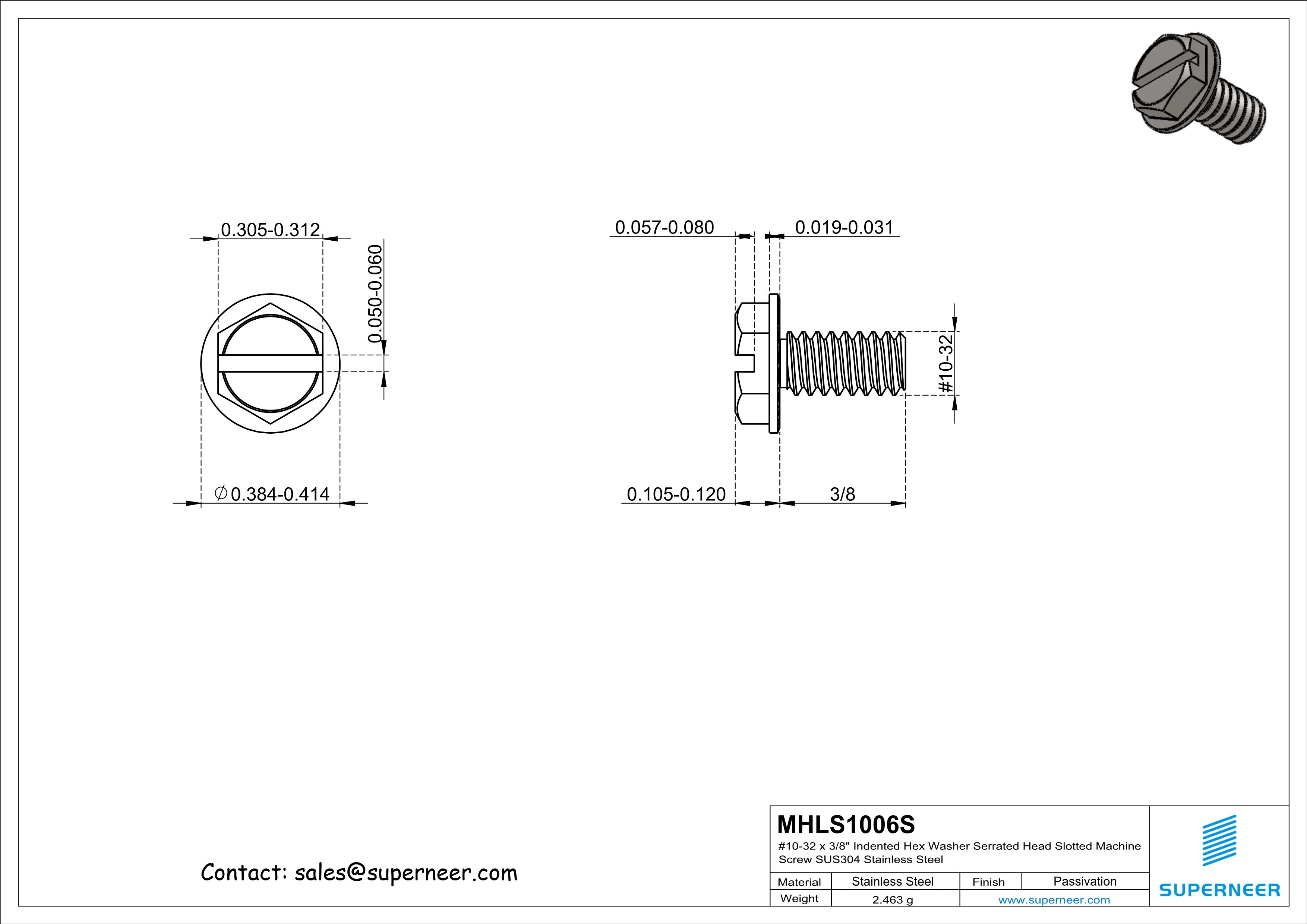 10-32 x 3/8" Indented Hex Washer Serrated Head Slotted Machine Screw SUS304 Stainless Steel Inox