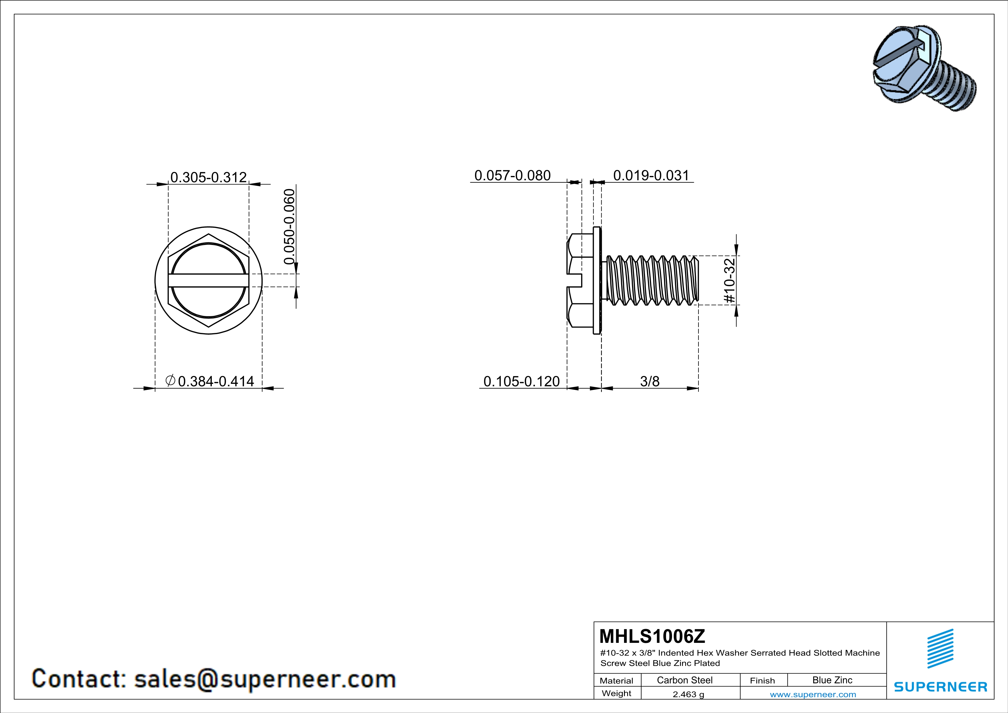 10-32 x 3/8" Indented Hex Washer Serrated Head Slotted Machine Screw Steel Blue Zinc Plated