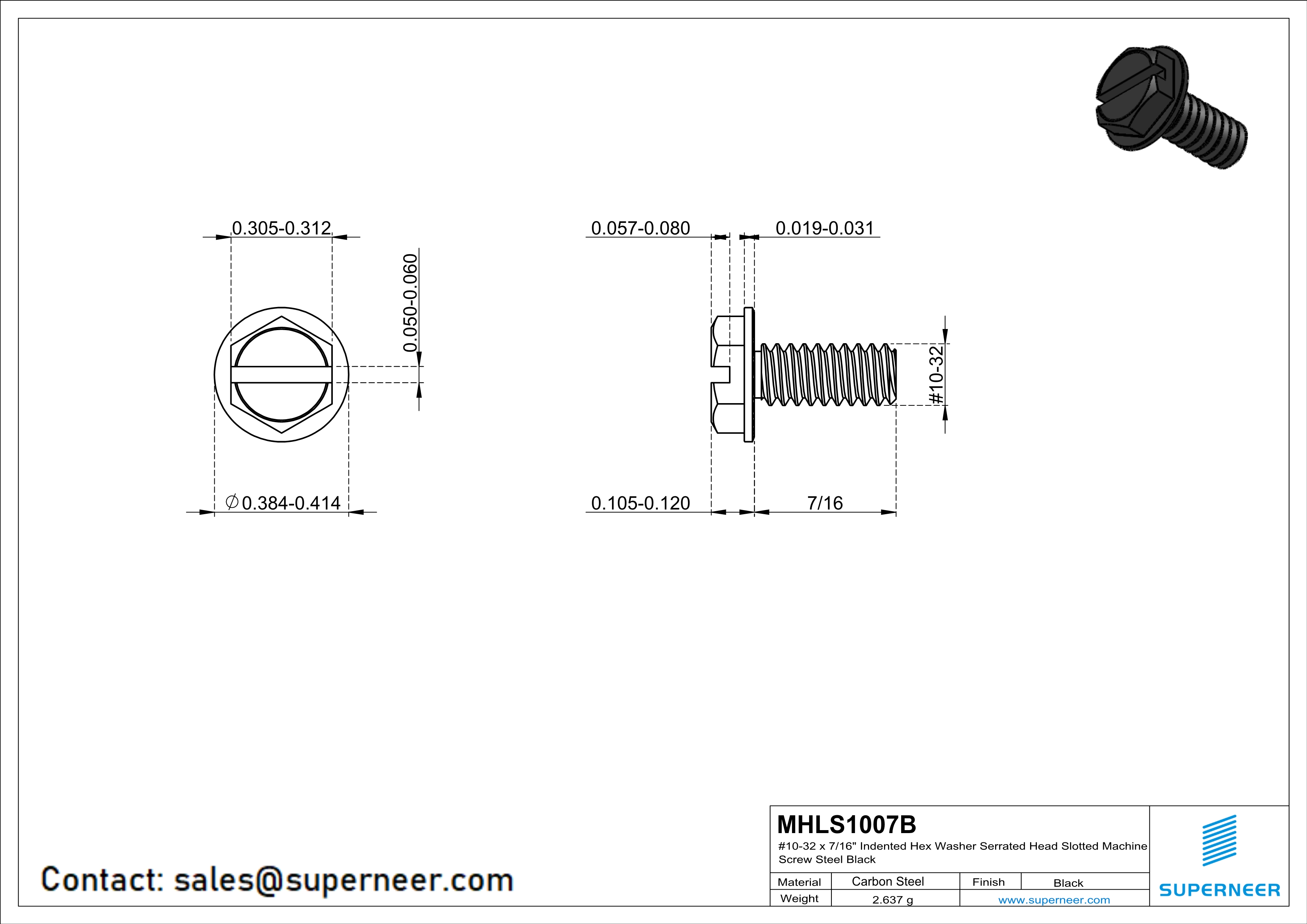 10-32 x 7/16“ Indented Hex Washer Serrated Head Slotted Machine Screw Steel Black