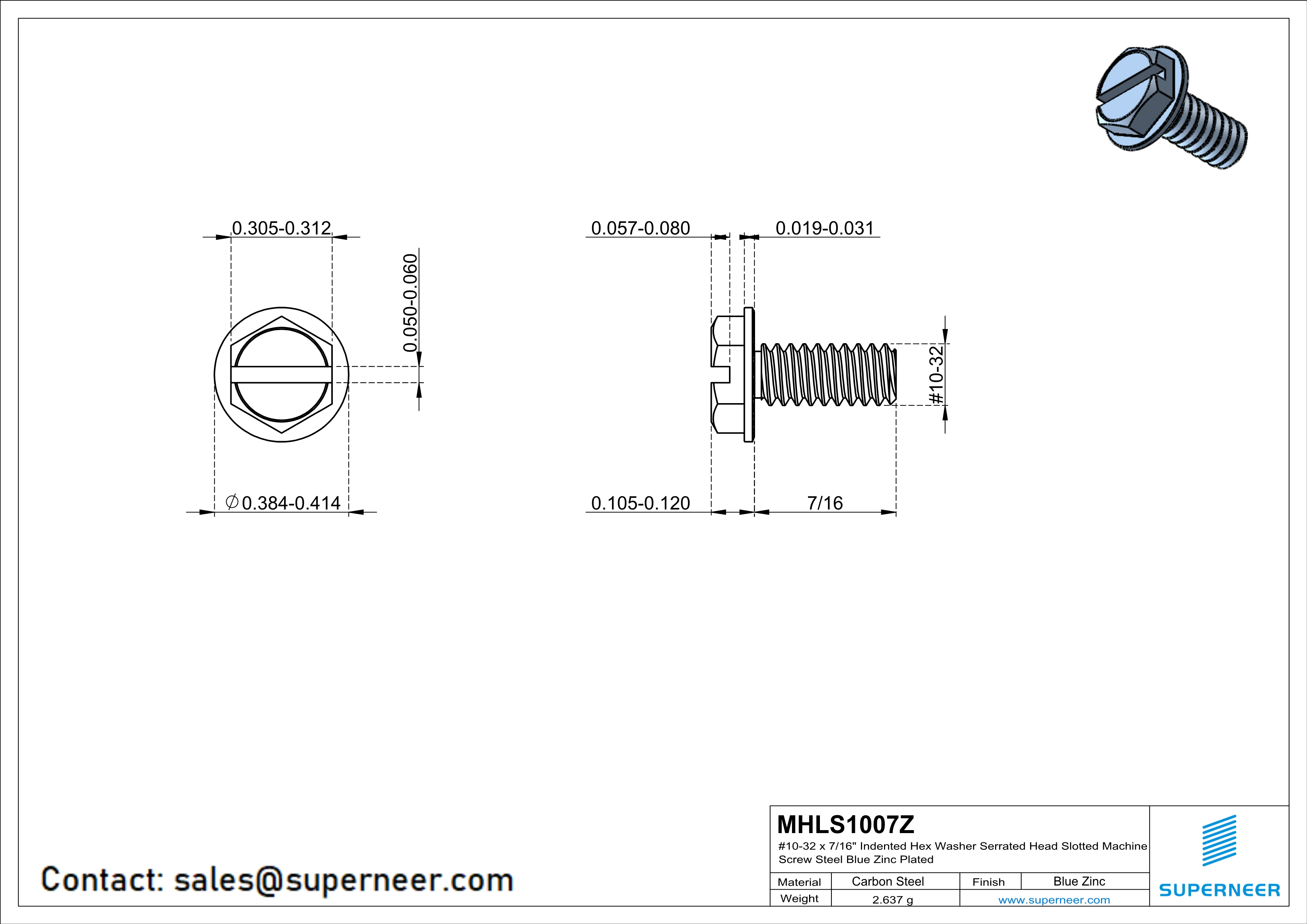 10-32 x 7/16“ Indented Hex Washer Serrated Head Slotted Machine Screw Steel Blue Zinc Plated