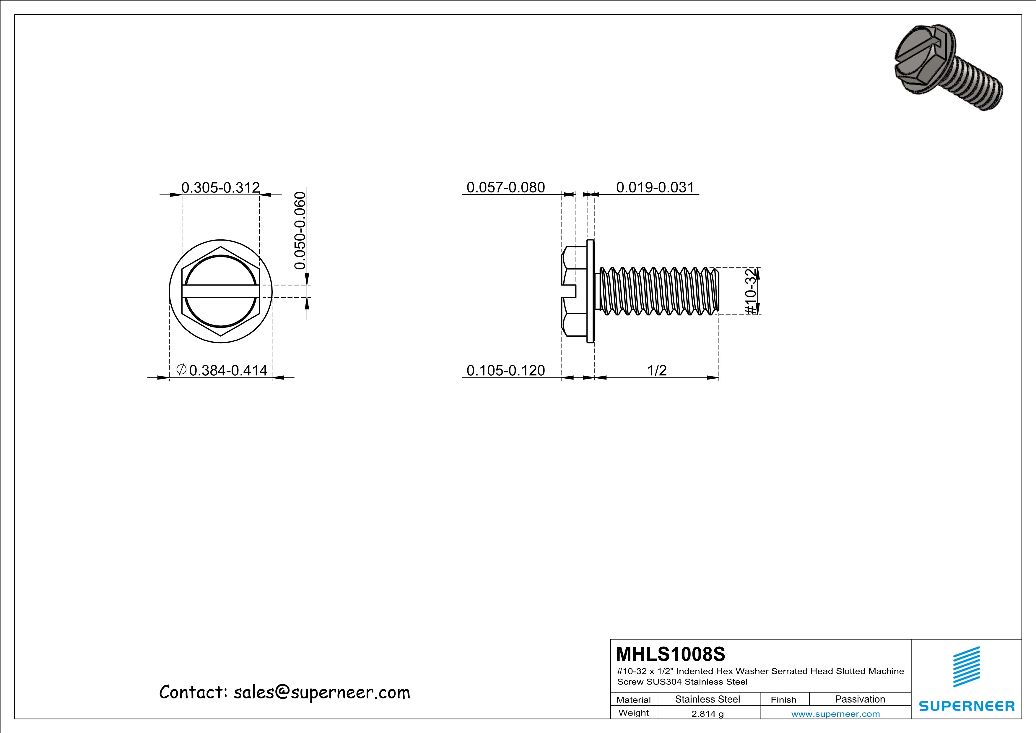 10-32 x 1/2" Indented Hex Washer Serrated Head Slotted Machine Screw SUS304 Stainless Steel Inox