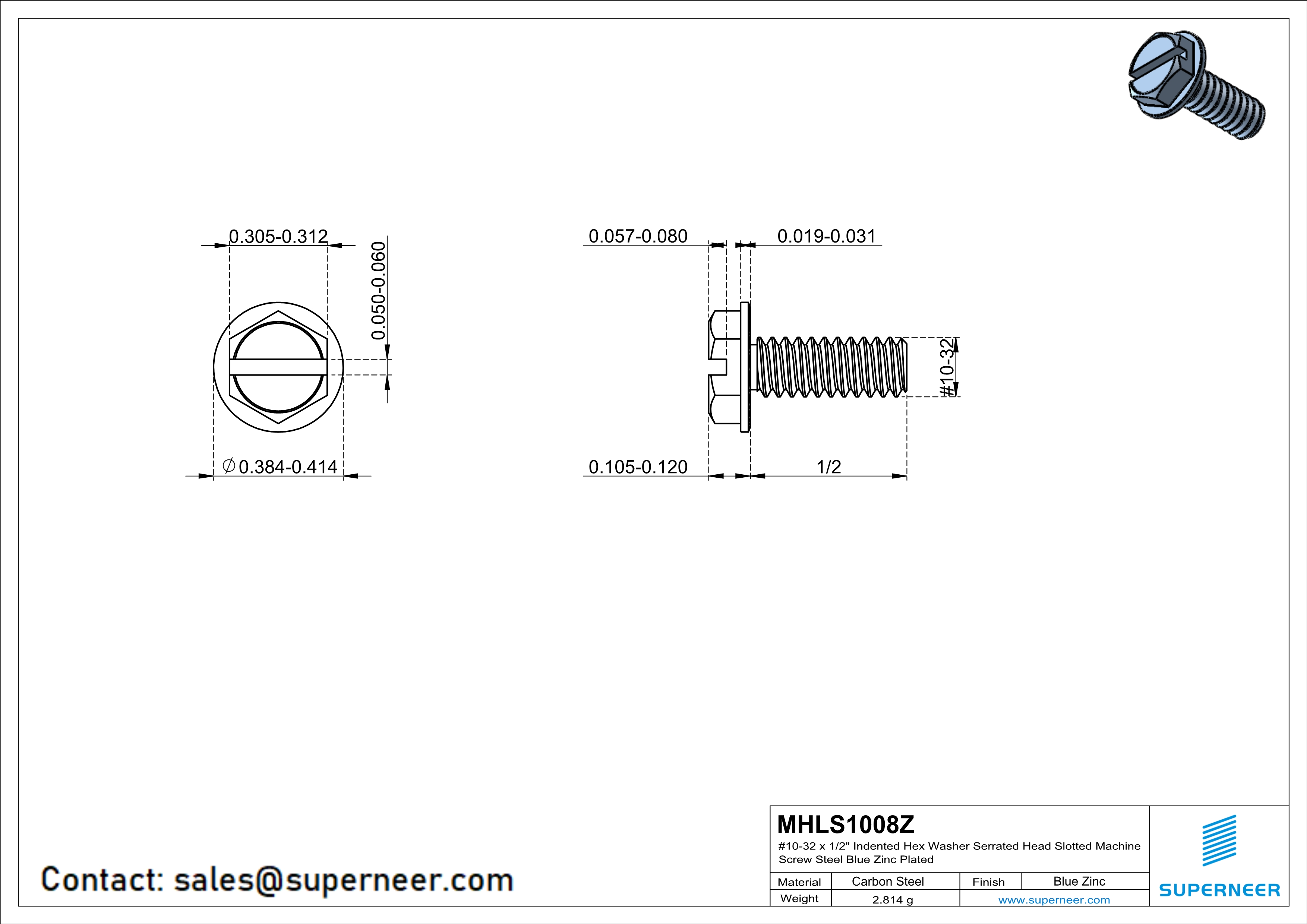 10-32 x 1/2" Indented Hex Washer Serrated Head Slotted Machine Screw Steel Blue Zinc Plated