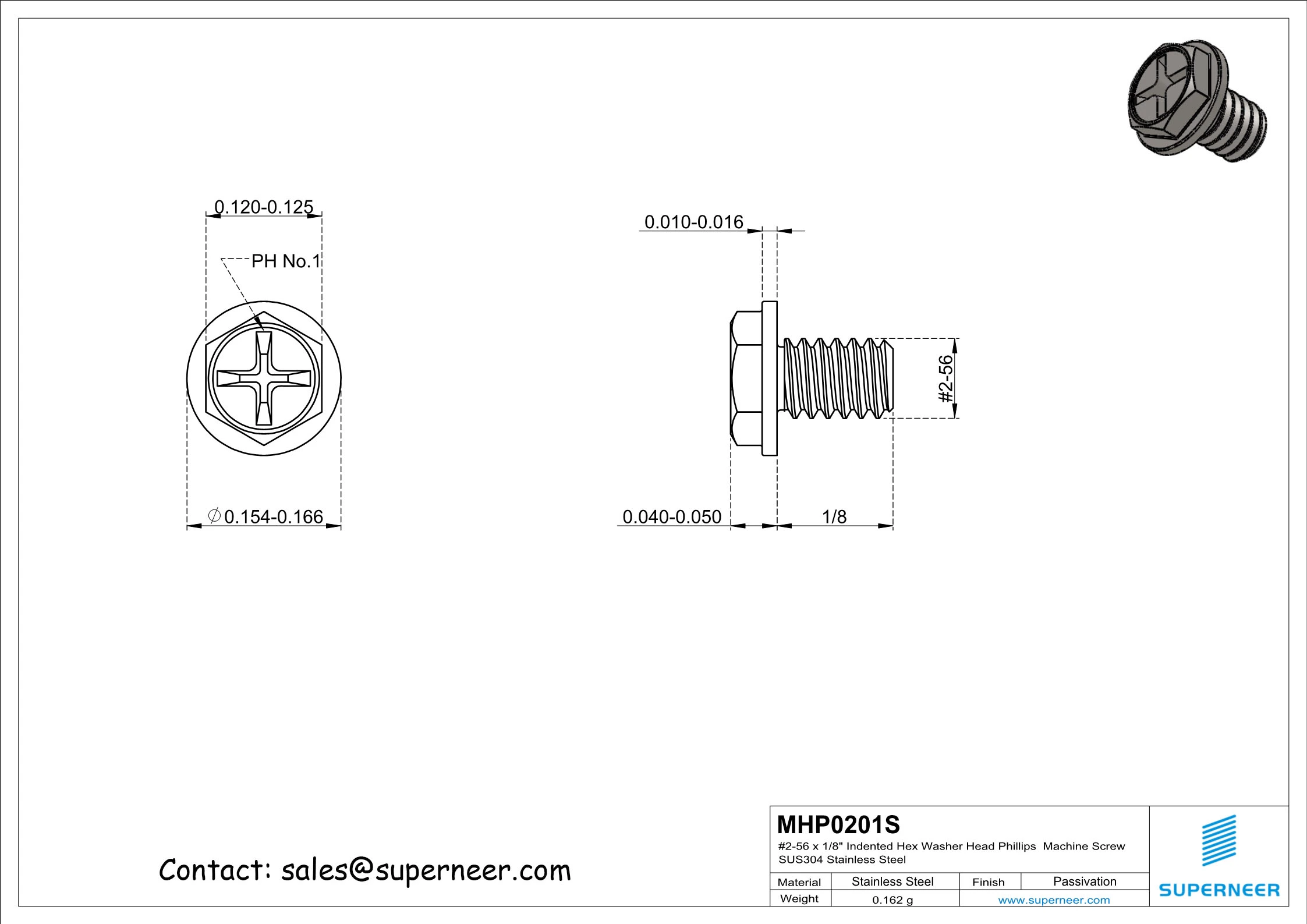 2-56 x 1/8" Indented Hex Washer Head Phillips Machine Screw SUS304 Stainless Steel Inox