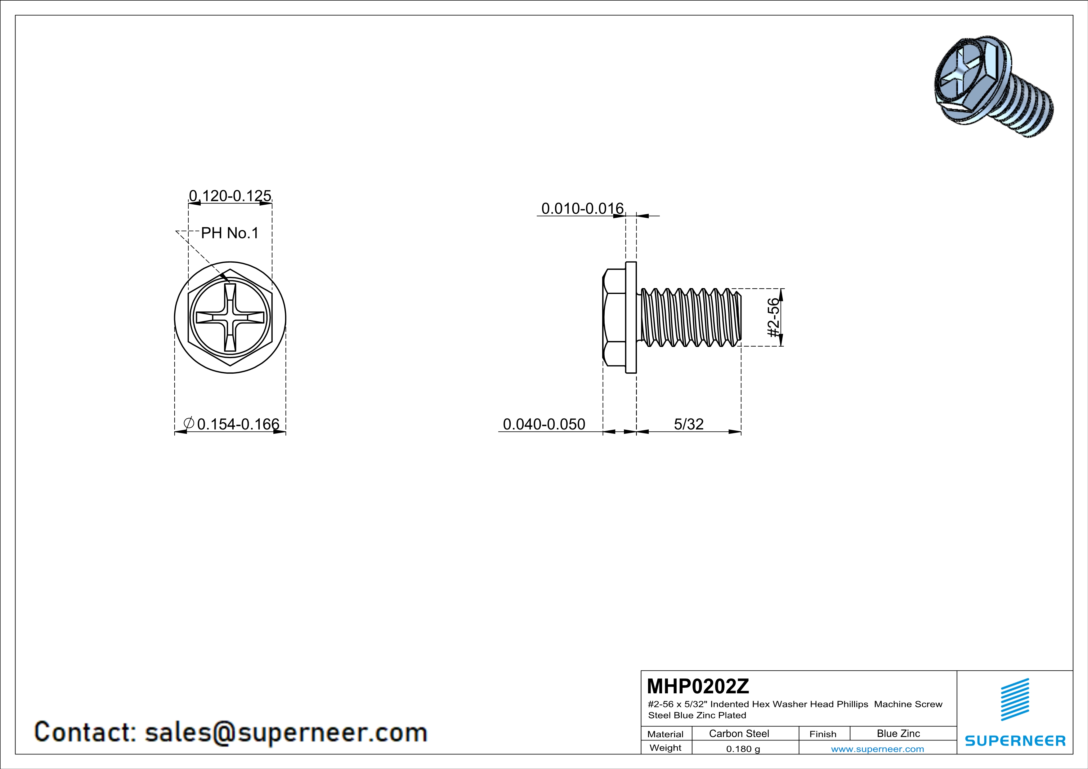 2-56 x 5/32" Indented Hex Washer Head Phillips Machine Screw Steel Blue Zinc Plated