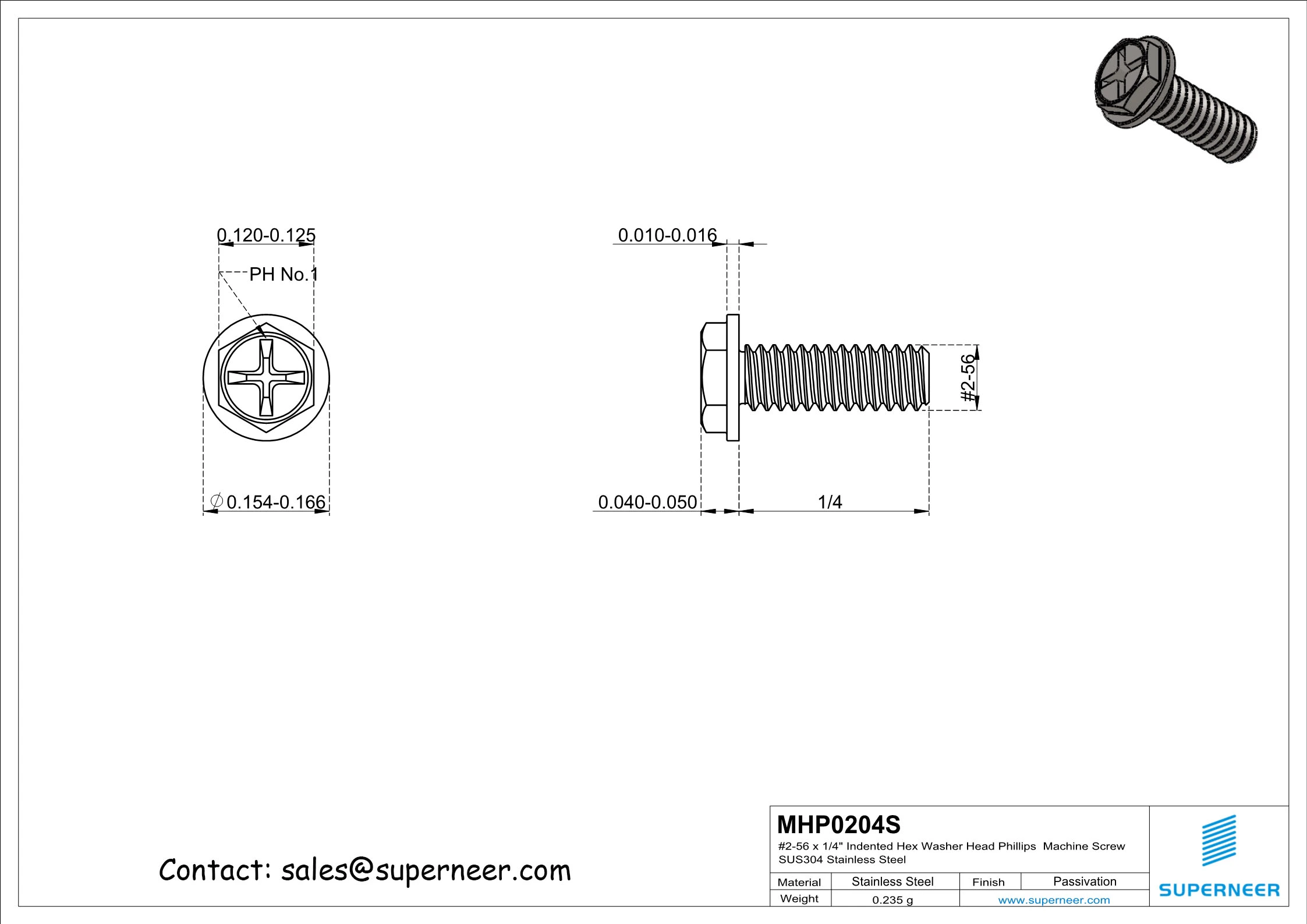 2-56 x 1/4" Indented Hex Washer Head Phillips Machine Screw SUS304 Stainless Steel Inox