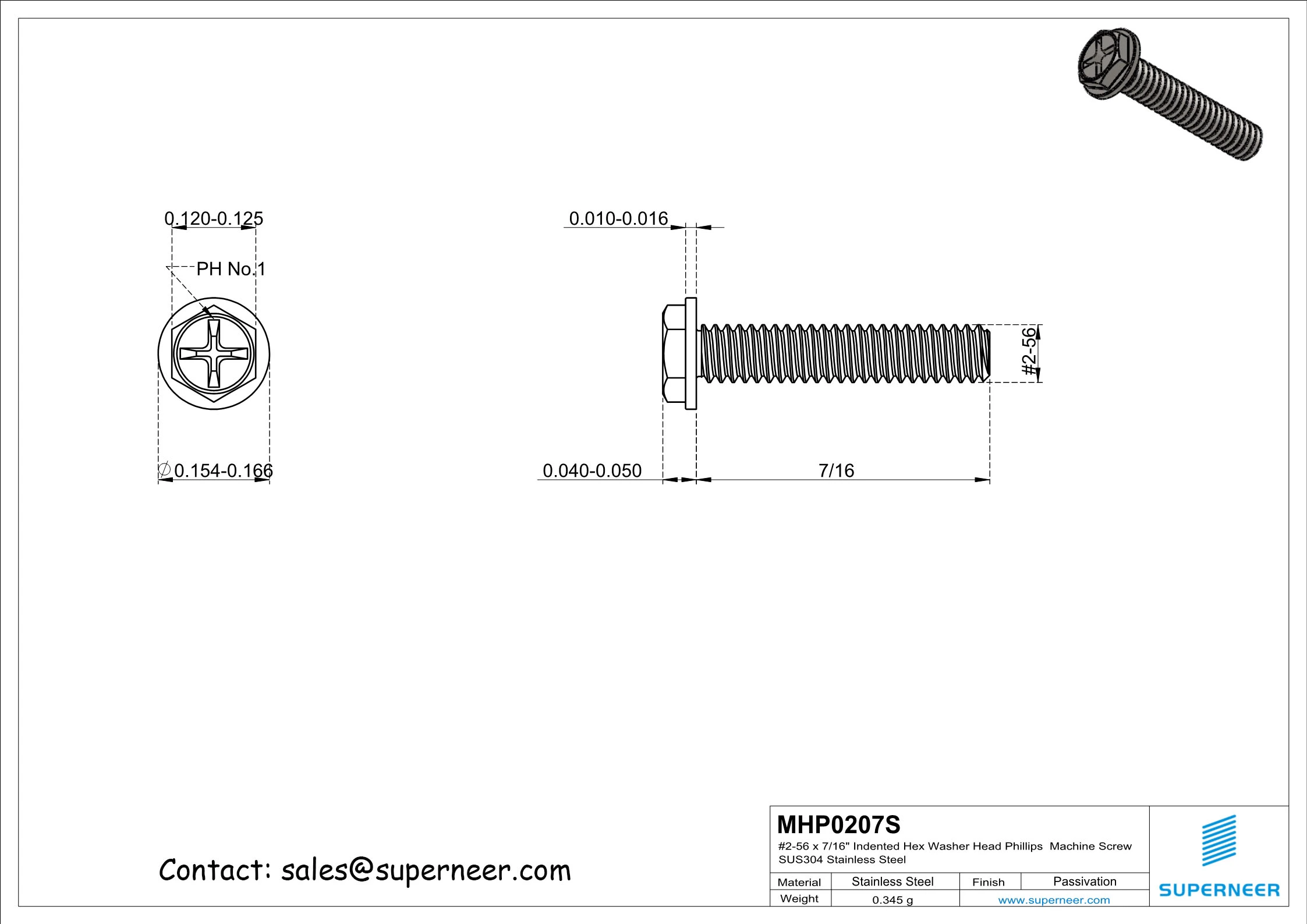 2-56 x 7/16“ Indented Hex Washer Head Phillips Machine Screw SUS304 Stainless Steel Inox