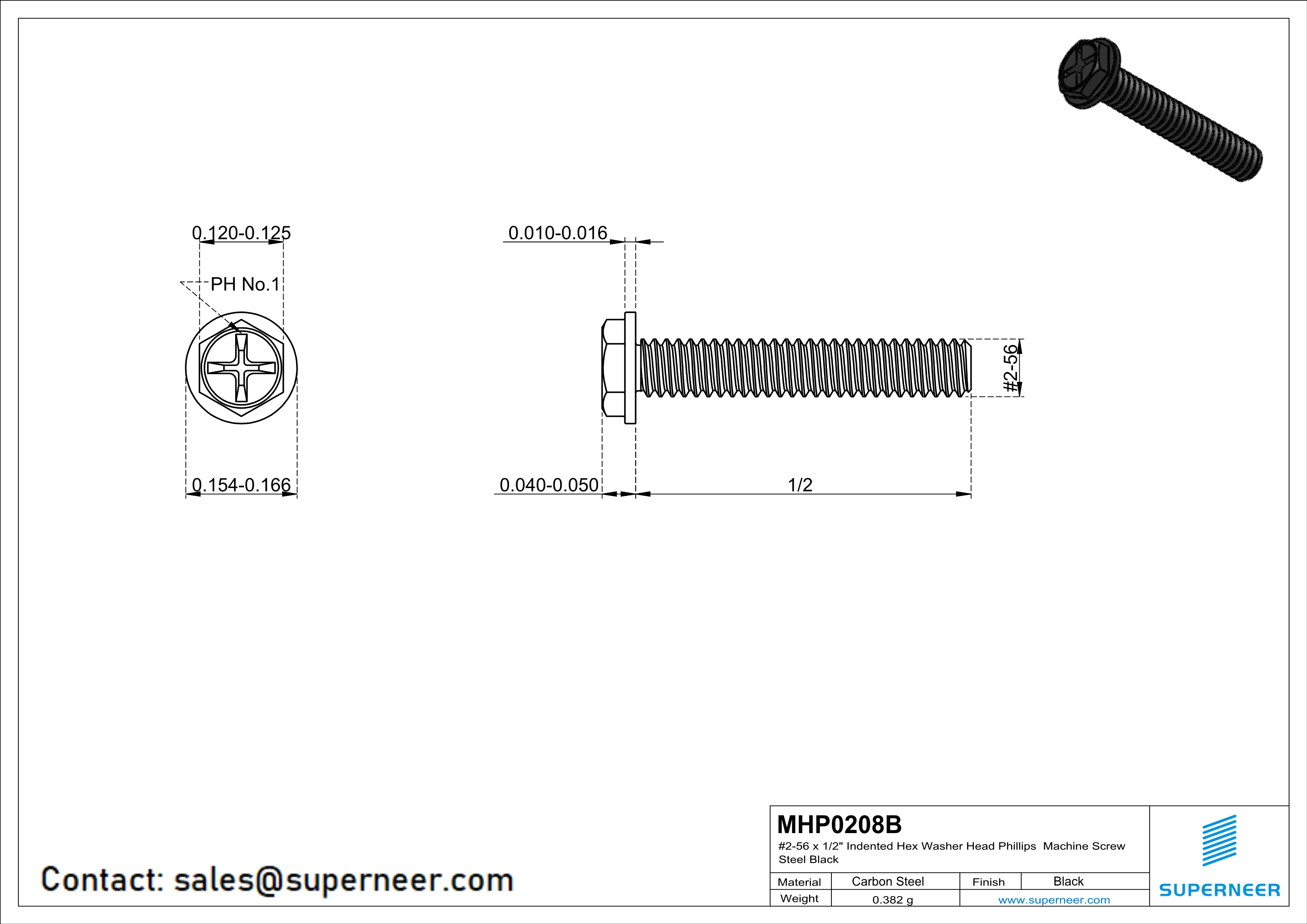 2-56 x 1/2" Indented Hex Washer Head Phillips Machine Screw Steel Black