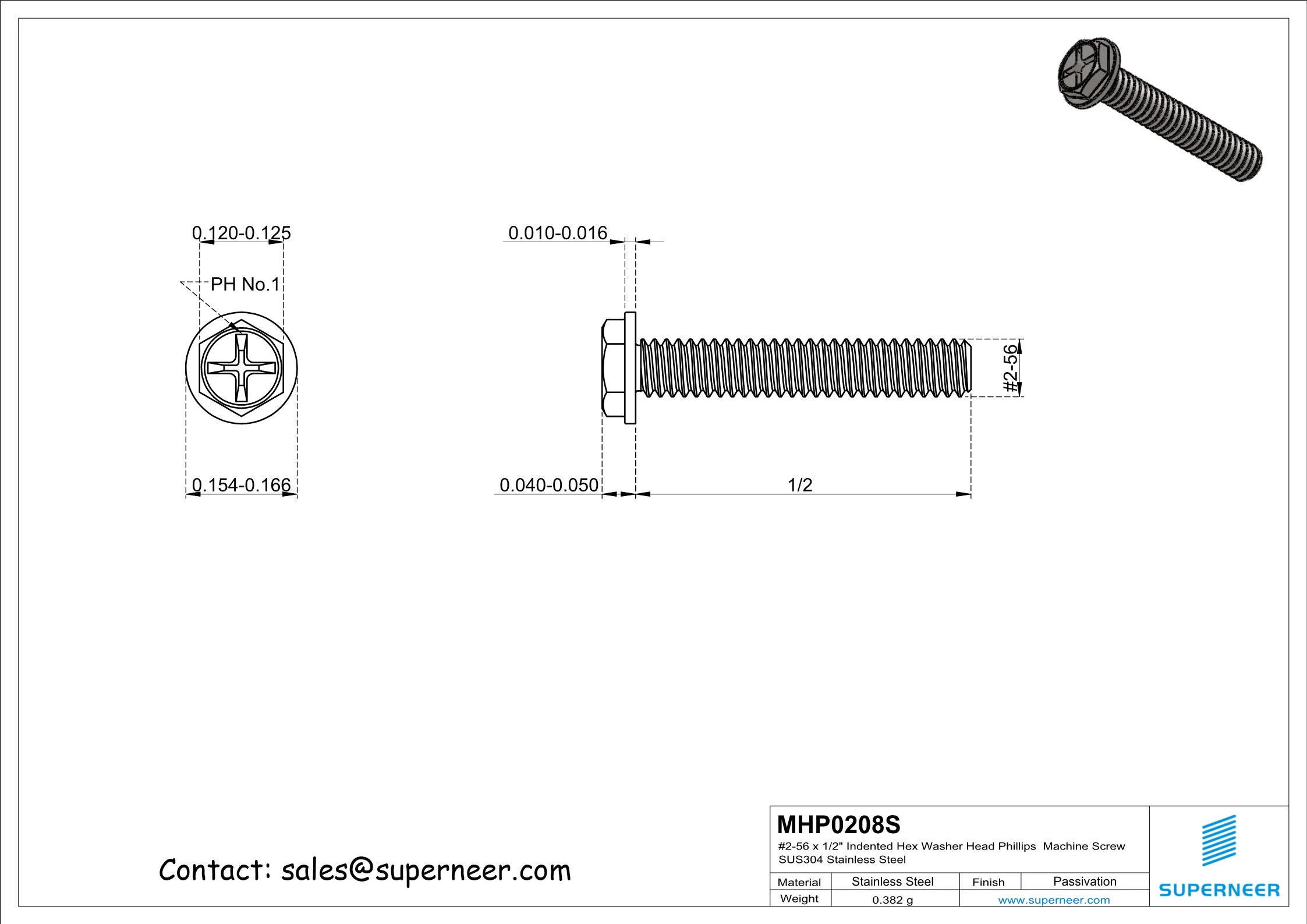 2-56 x 1/2" Indented Hex Washer Head Phillips Machine Screw SUS304 Stainless Steel Inox
