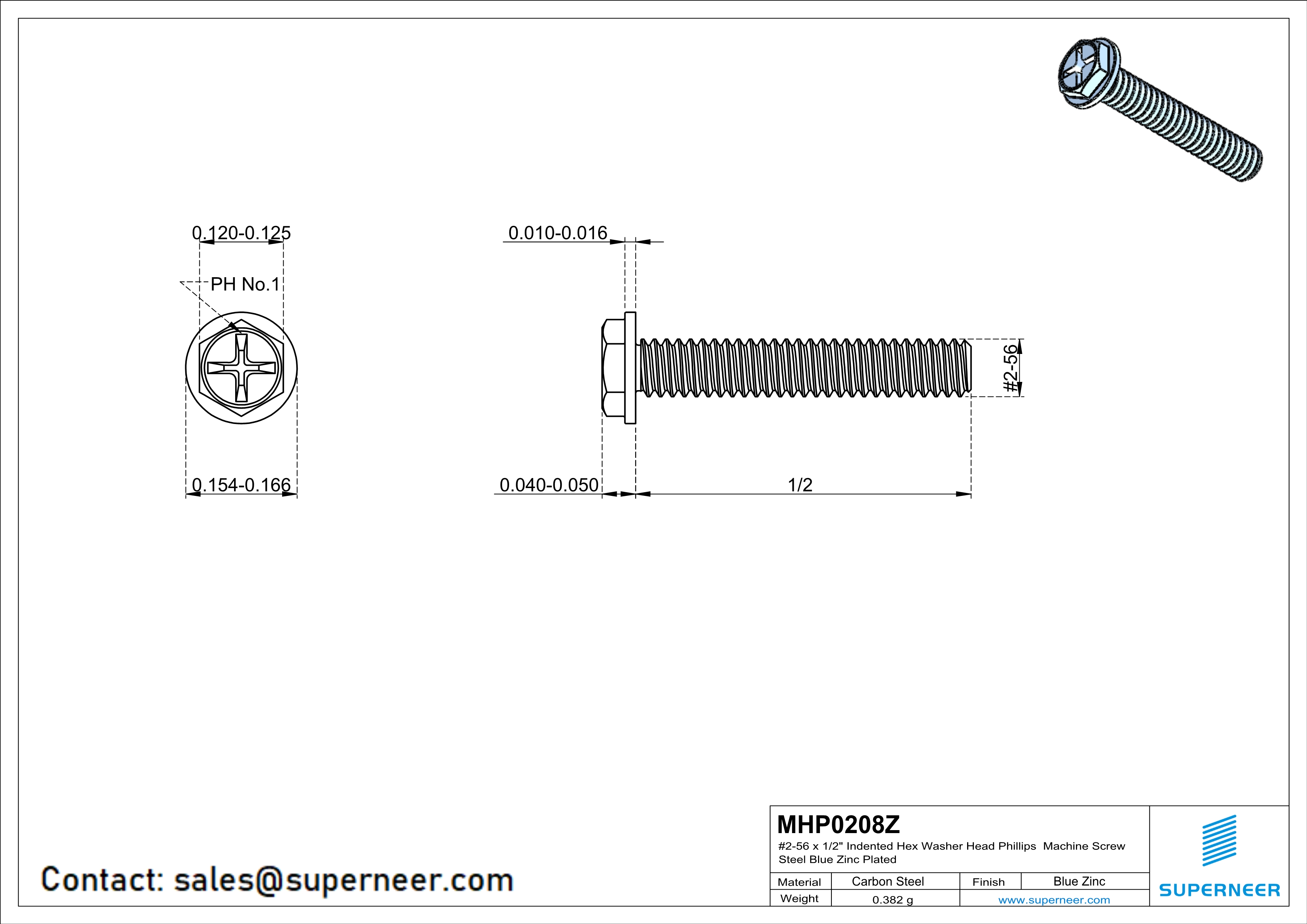 2-56 x 1/2" Indented Hex Washer Head Phillips Machine Screw Steel Blue Zinc Plated