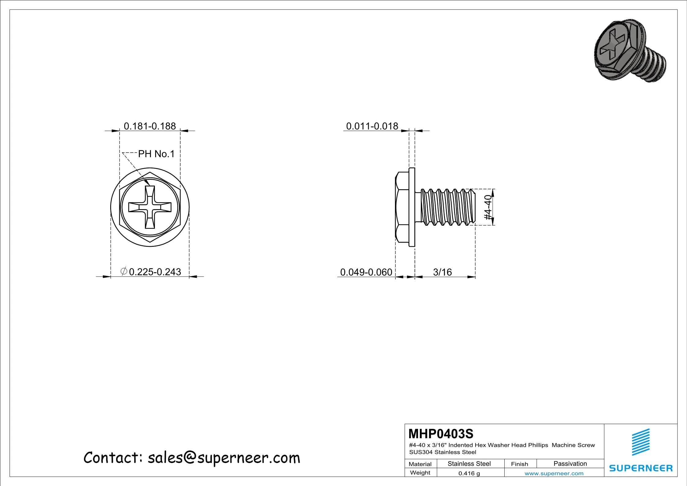 4-40 x 3/16" Indented Hex Washer Head Phillips Machine Screw SUS304 Stainless Steel Inox