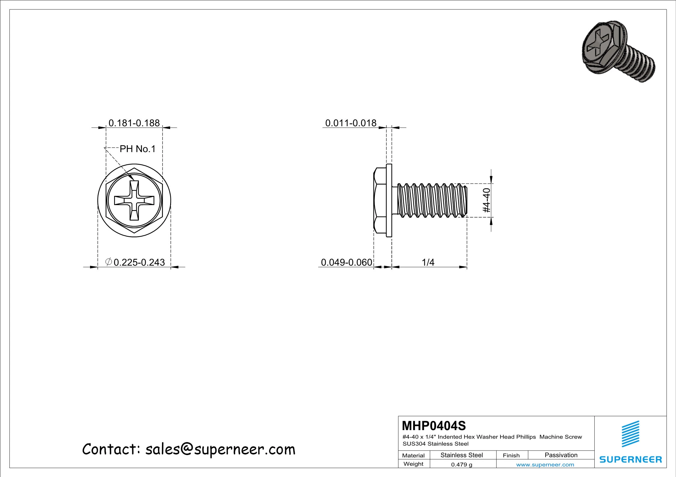 4-40 x 1/4" Indented Hex Washer Head Phillips Machine Screw SUS304 Stainless Steel Inox