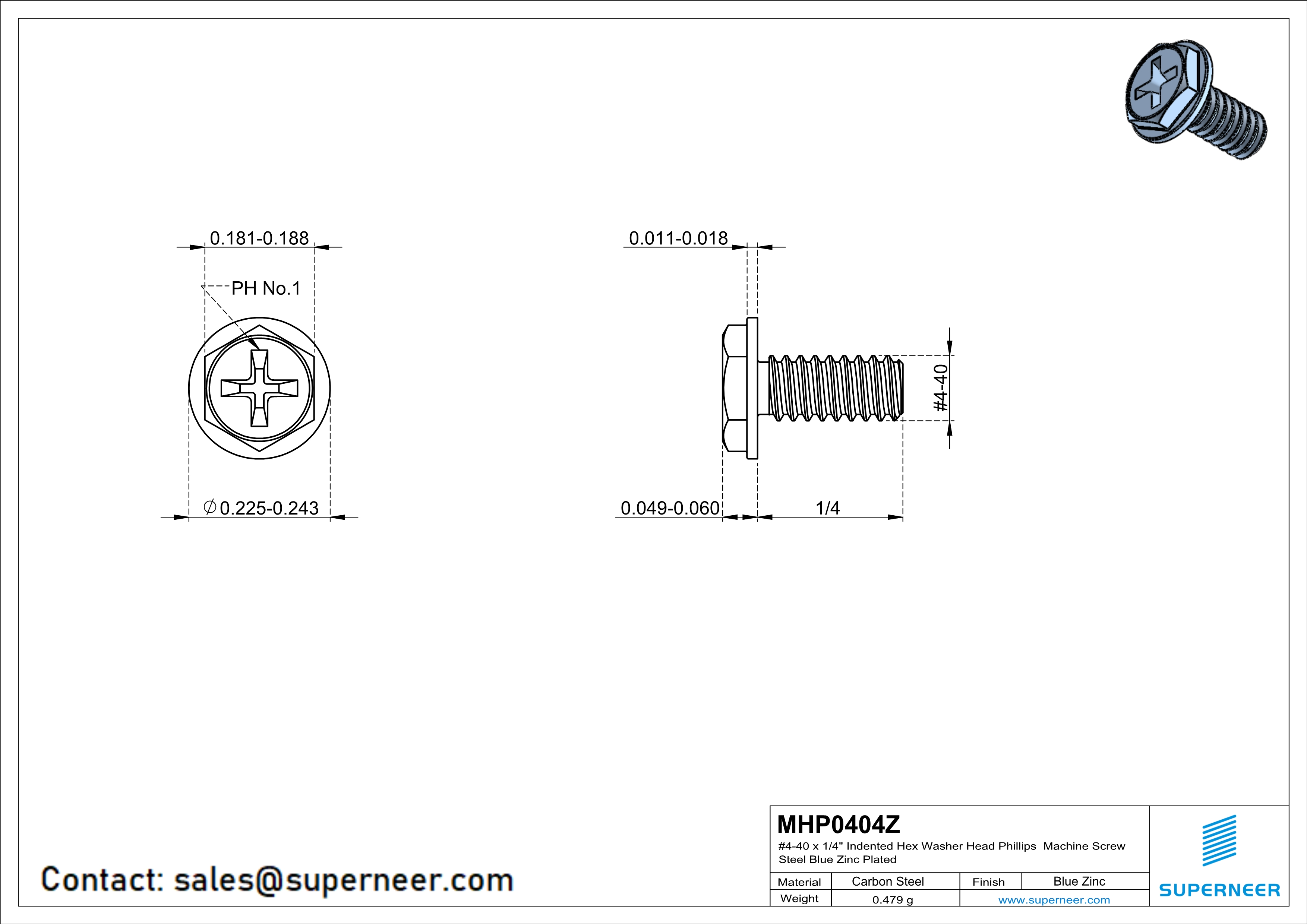 4-40 x 1/4" Indented Hex Washer Head Phillips Machine Screw Steel Blue Zinc Plated