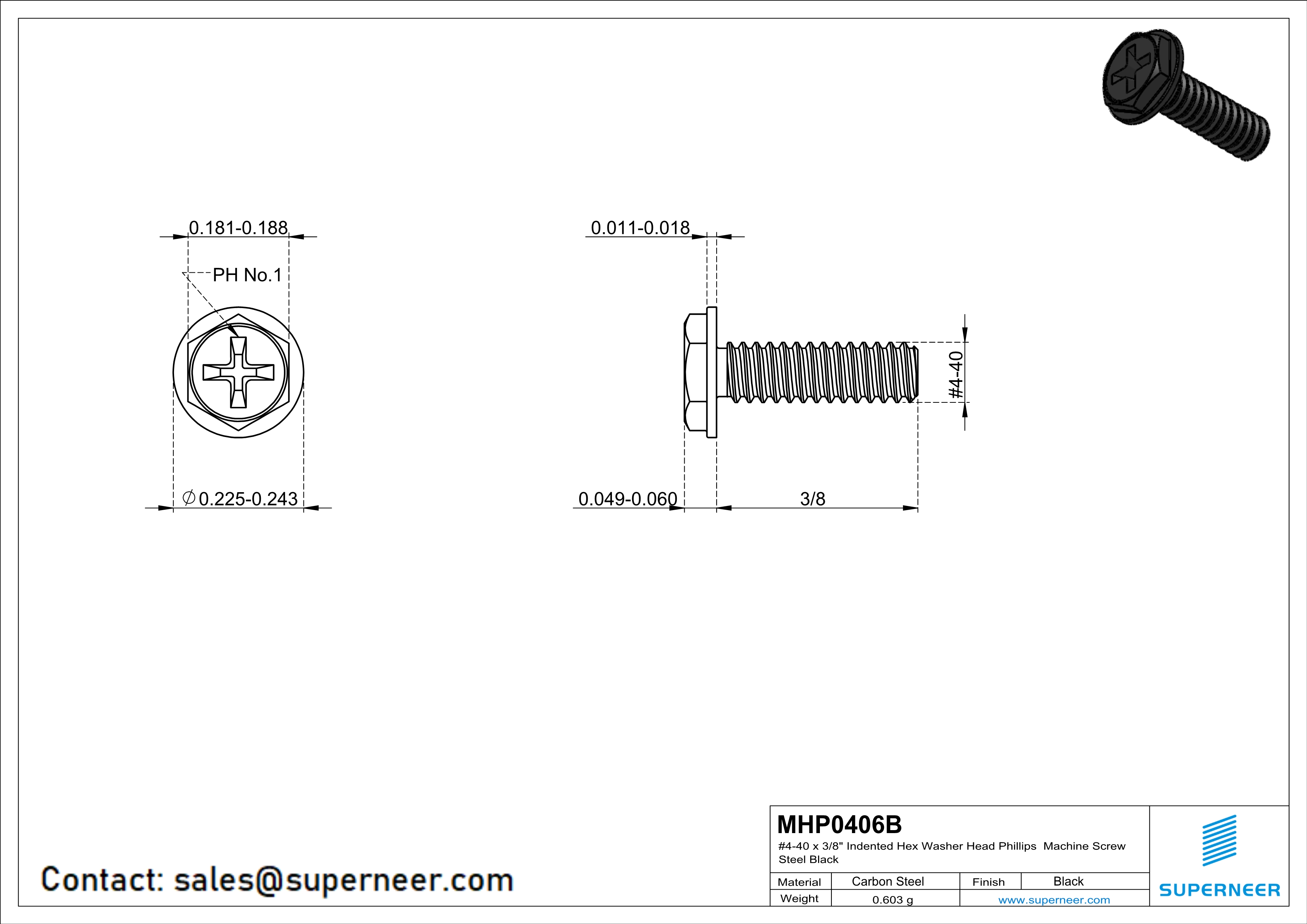 4-40 x 3/8" Indented Hex Washer Head Phillips Machine Screw Steel Black