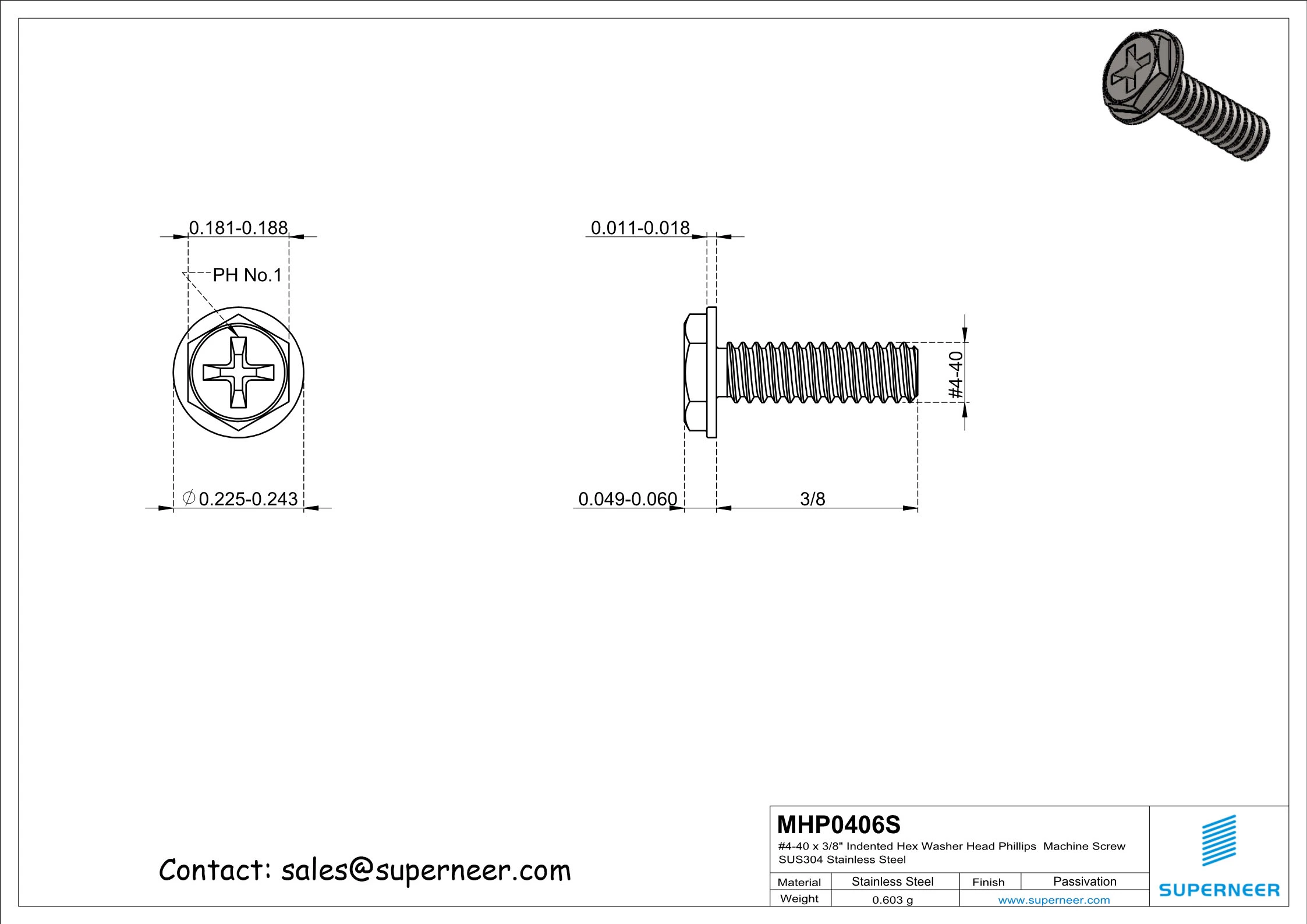 4-40 x 3/8" Indented Hex Washer Head Phillips Machine Screw SUS304 Stainless Steel Inox