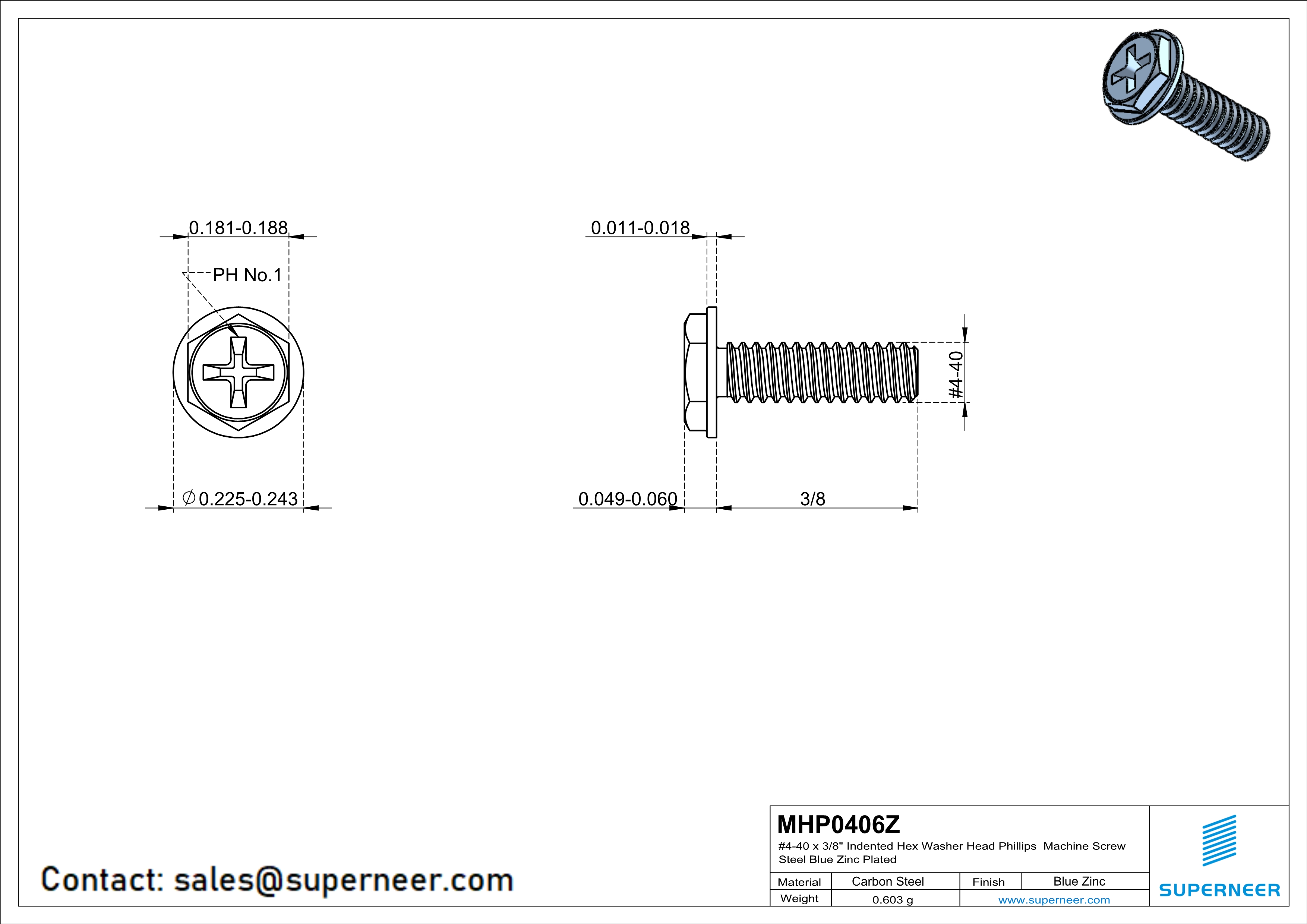 4-40 x 3/8" Indented Hex Washer Head Phillips Machine Screw Steel Blue Zinc Plated