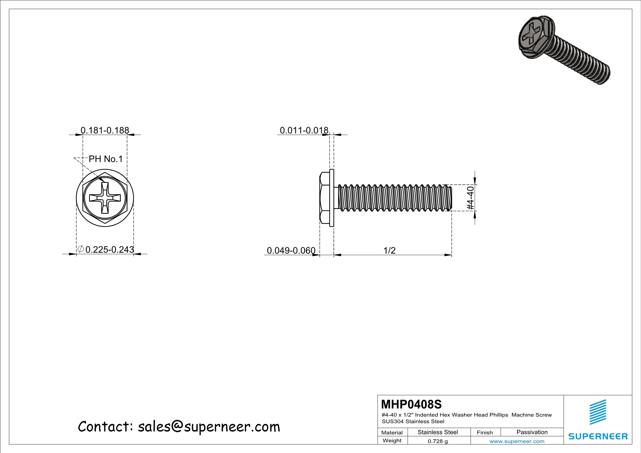 4-40 x 1/2" Indented Hex Washer Head Phillips Machine Screw SUS304 Stainless Steel Inox