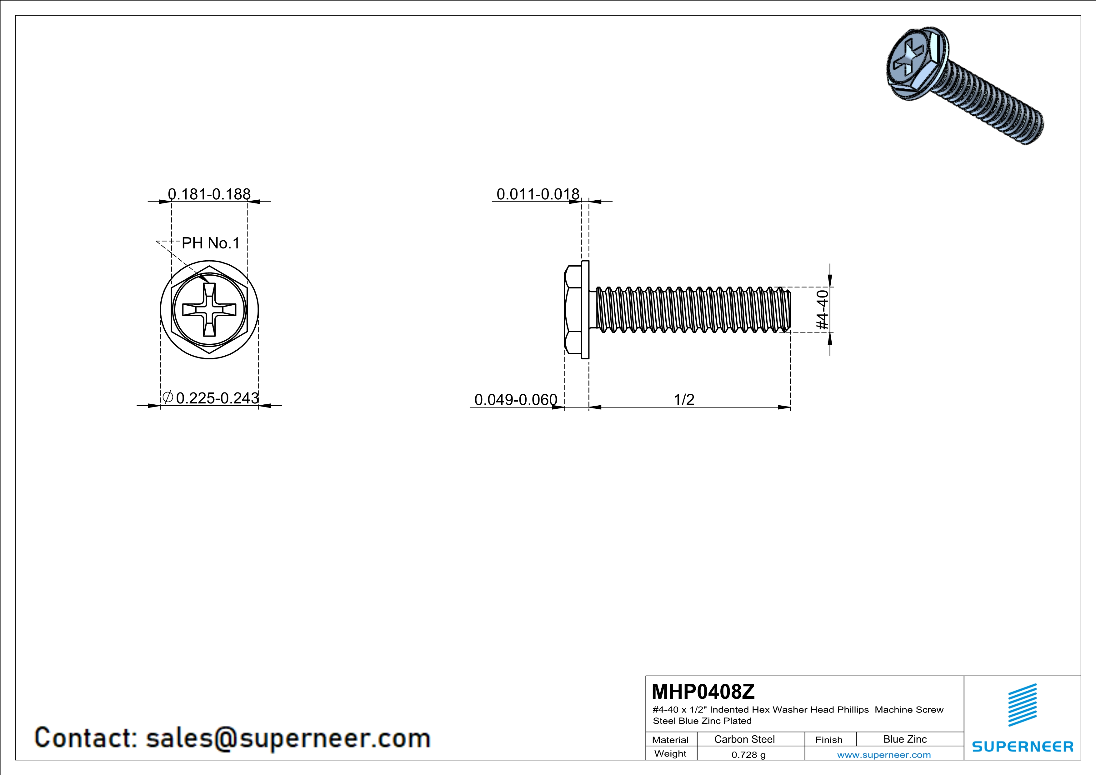 4-40 x 1/2" Indented Hex Washer Head Phillips Machine Screw Steel Blue Zinc Plated