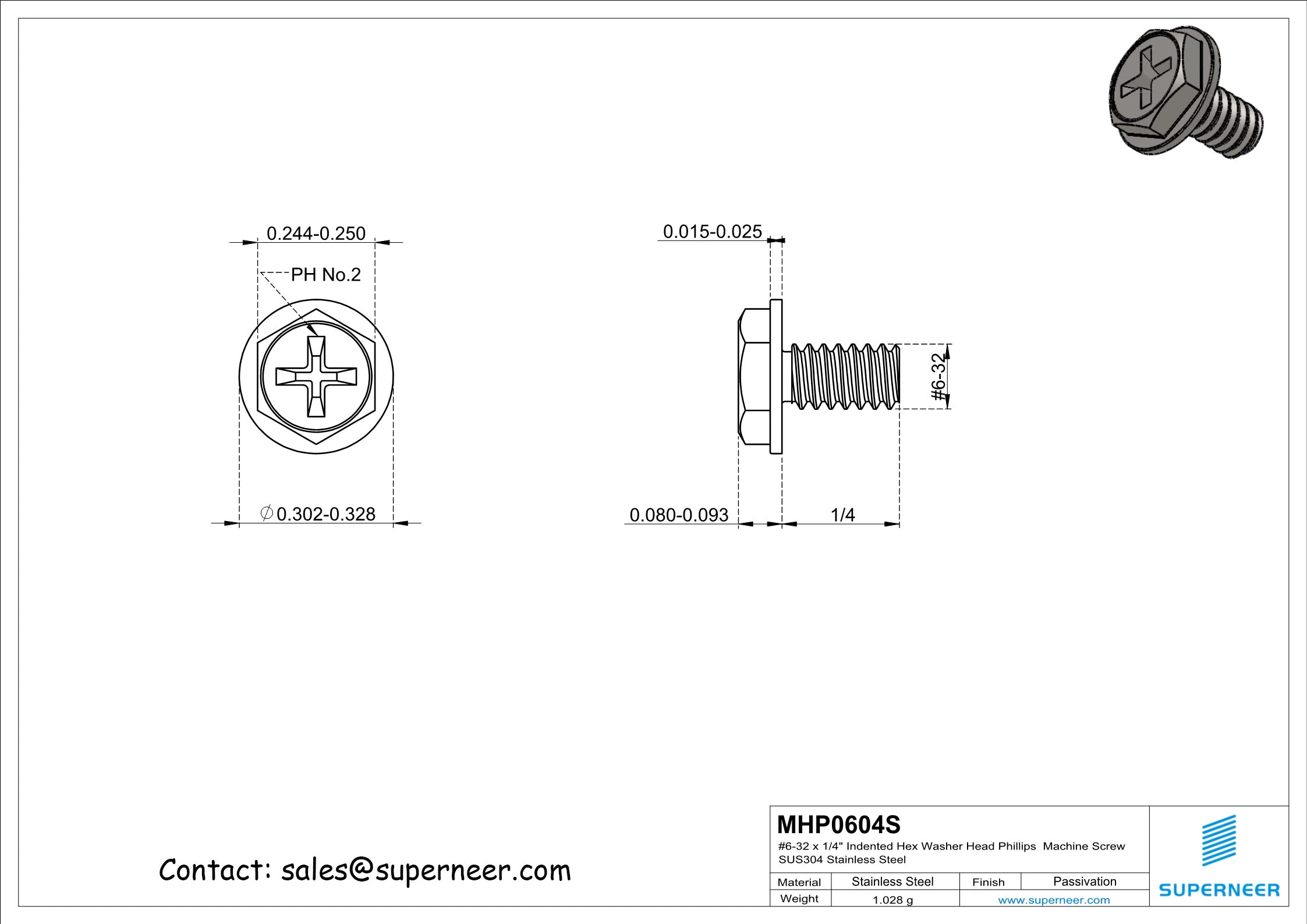 6-32 x 1/4" Indented Hex Washer Head Phillips Machine Screw SUS304 Stainless Steel Inox