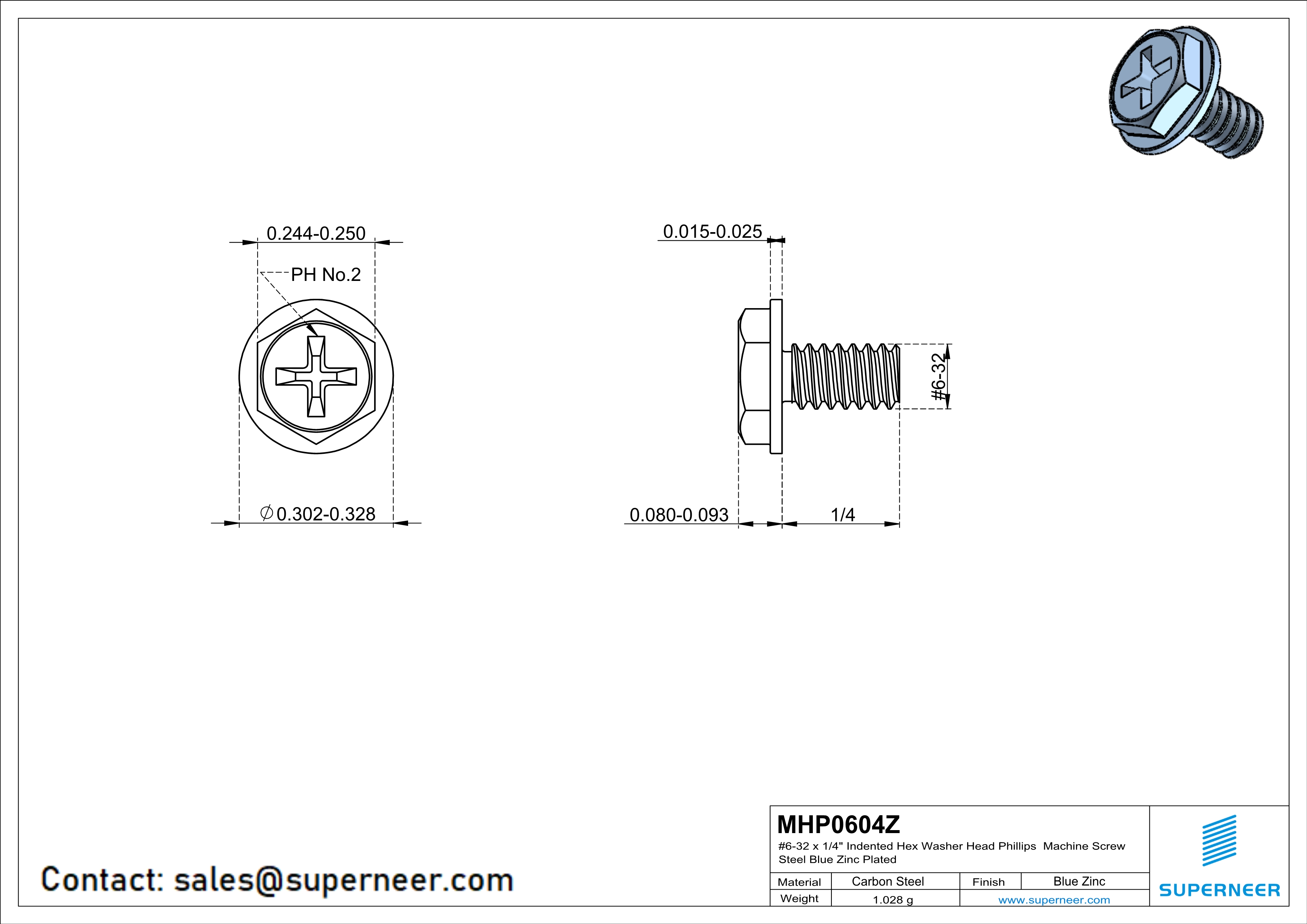 6-32 x 1/4" Indented Hex Washer Head Phillips Machine Screw Steel Blue Zinc Plated