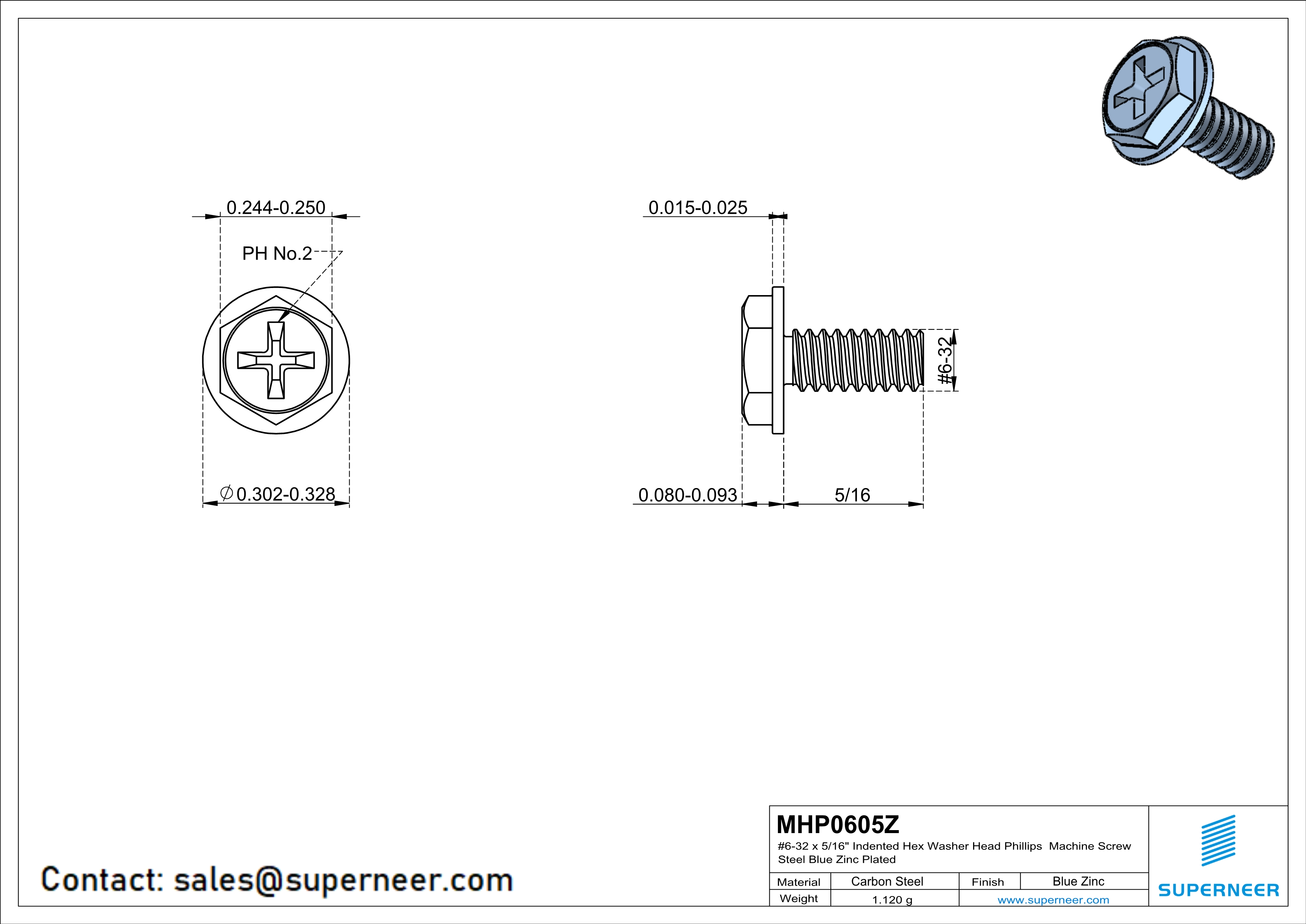 6-32 x 5/16" Indented Hex Washer Head Phillips Machine Screw Steel Blue Zinc Plated