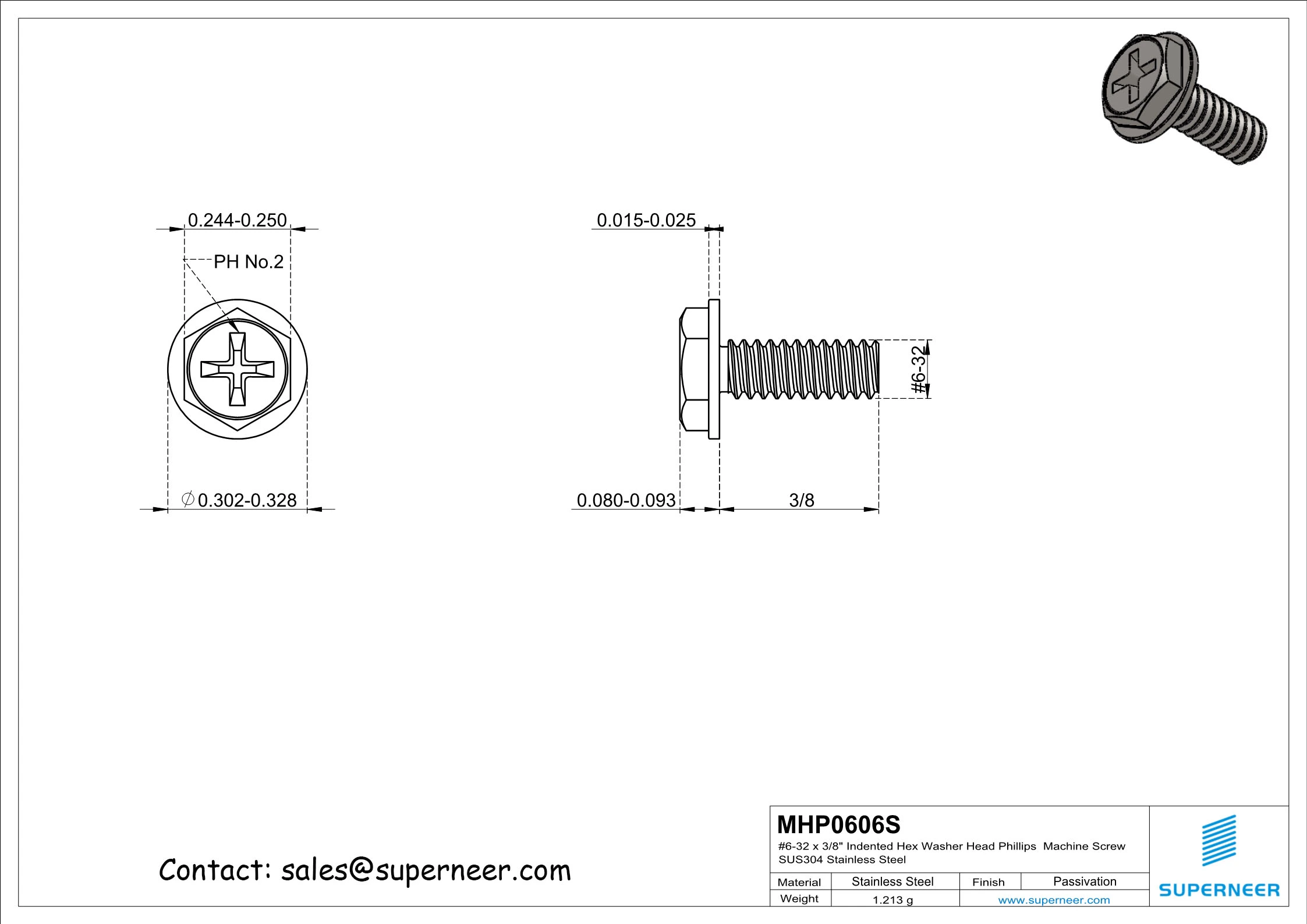 6-32 x 3/8" Indented Hex Washer Head Phillips Machine Screw SUS304 Stainless Steel Inox