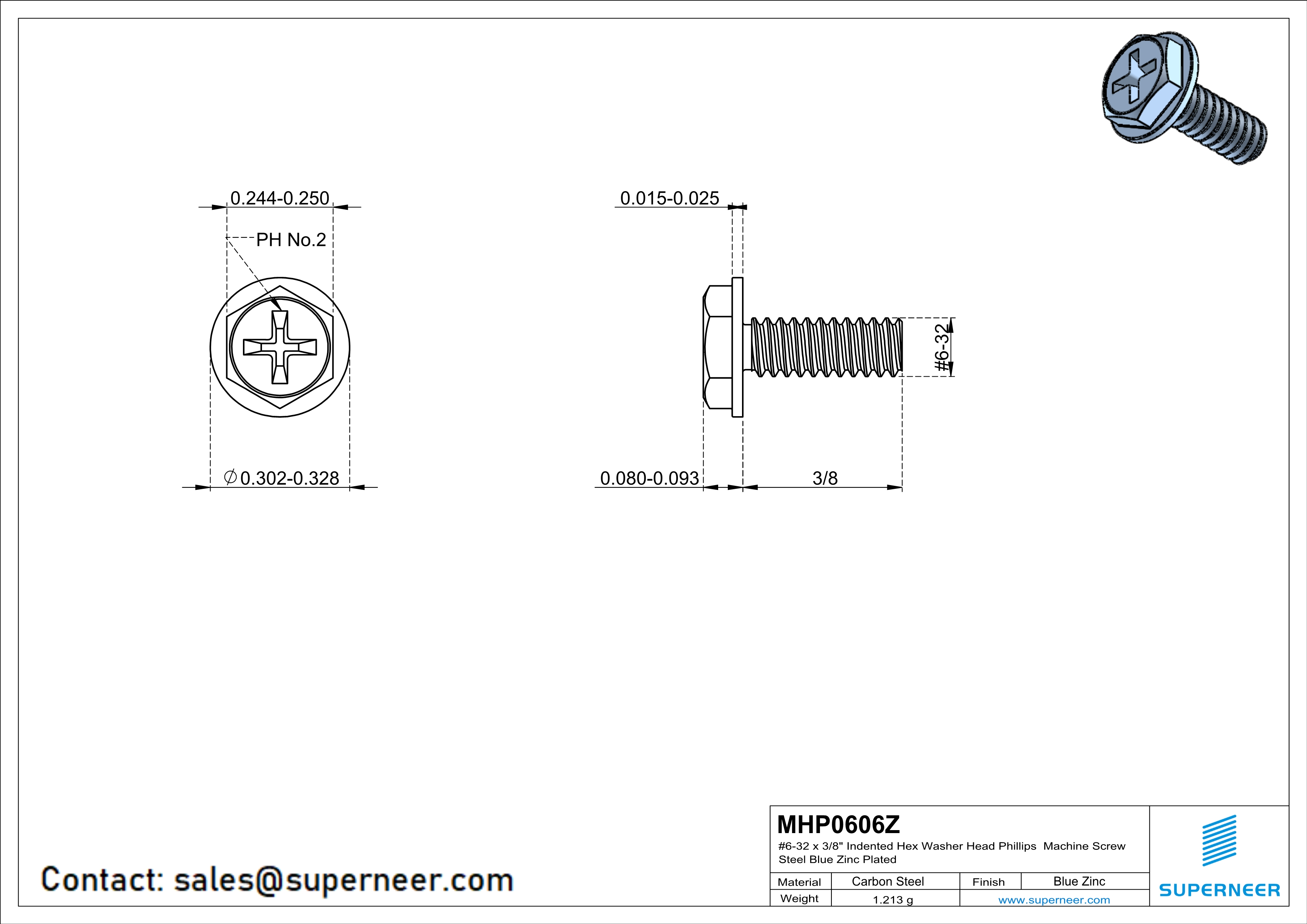 6-32 x 3/8" Indented Hex Washer Head Phillips Machine Screw Steel Blue Zinc Plated