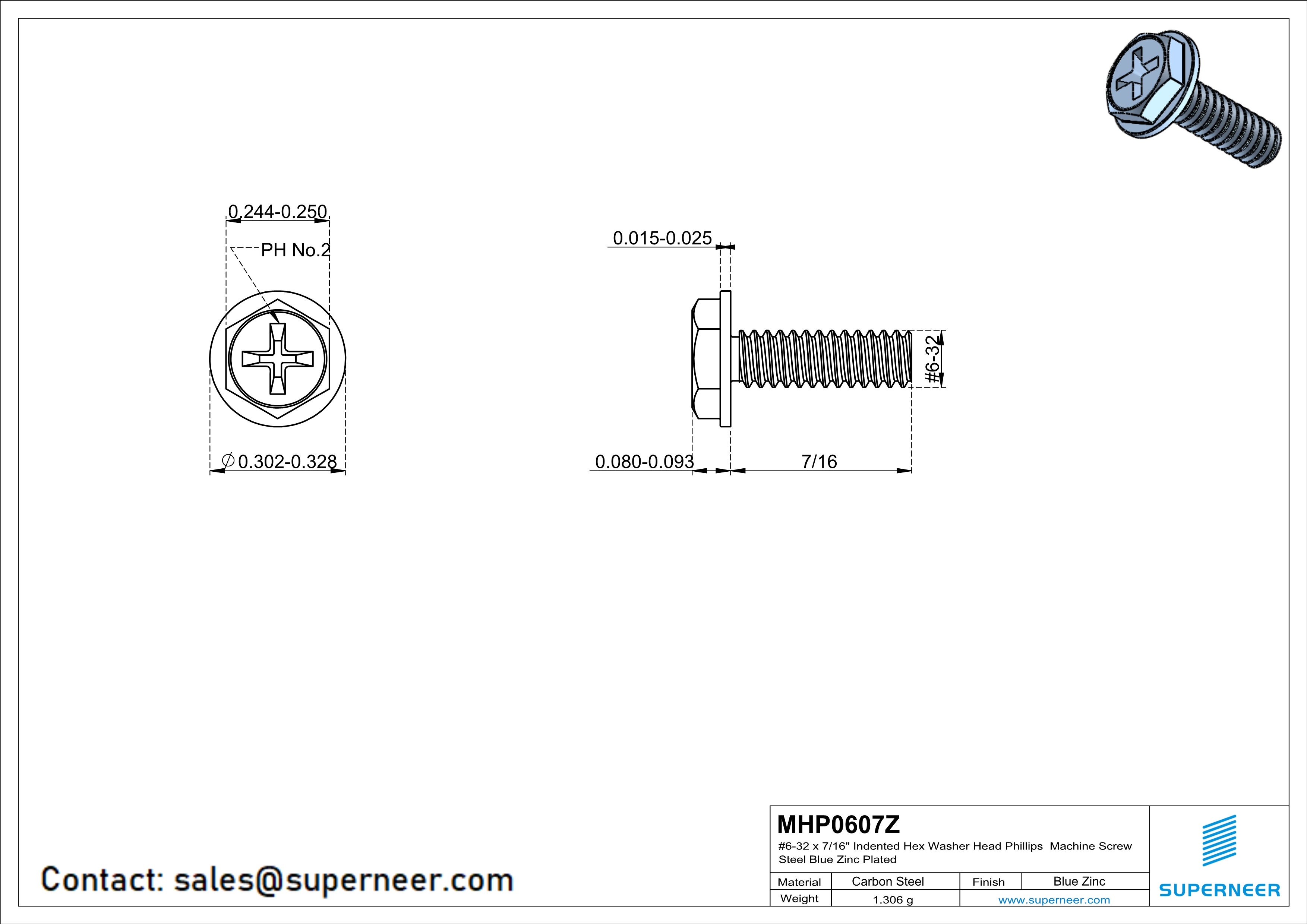 6-32 x 7/16“ Indented Hex Washer Head Phillips Machine Screw Steel Blue Zinc Plated