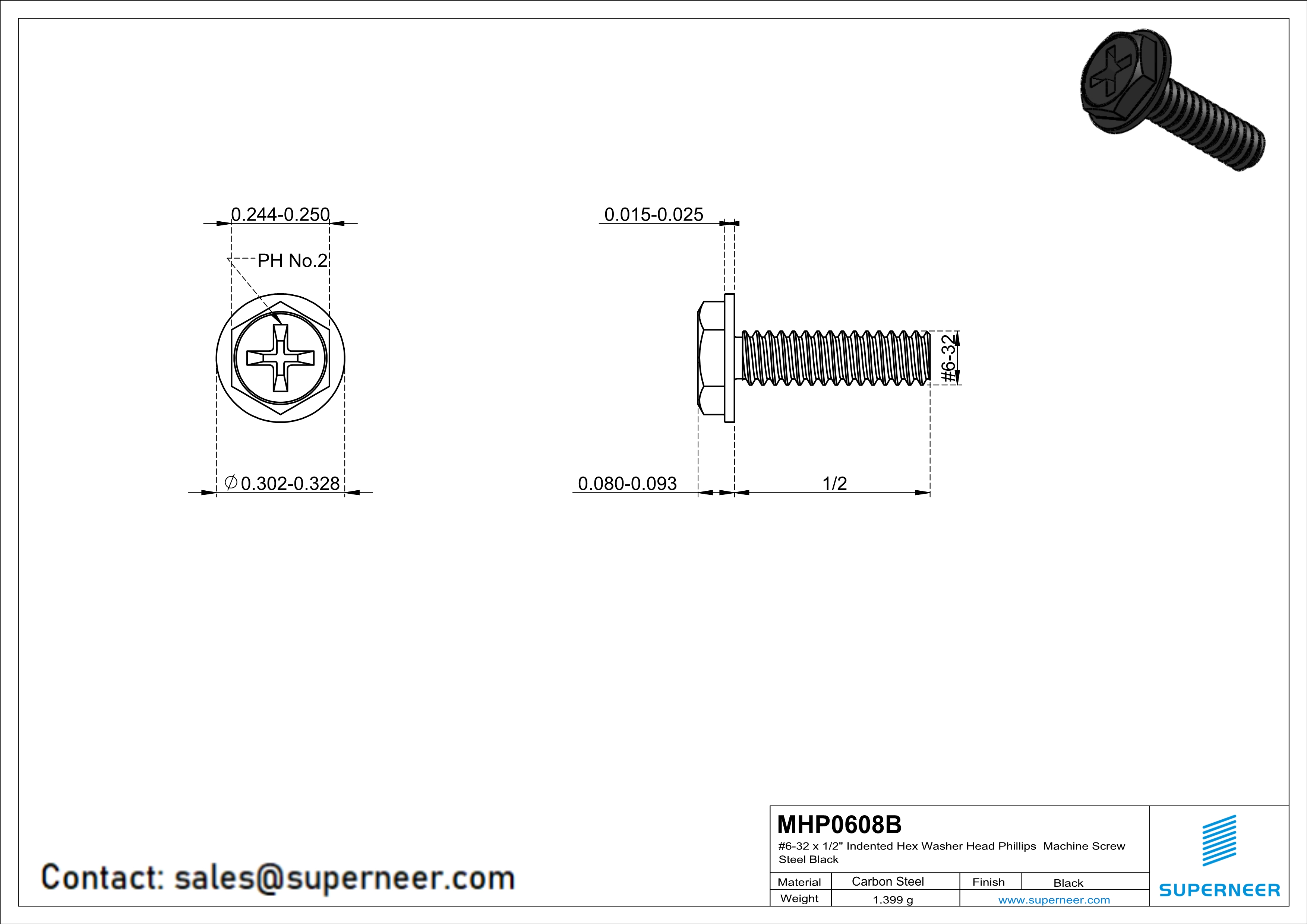 6-32 x 1/2" Indented Hex Washer Head Phillips Machine Screw Steel Black