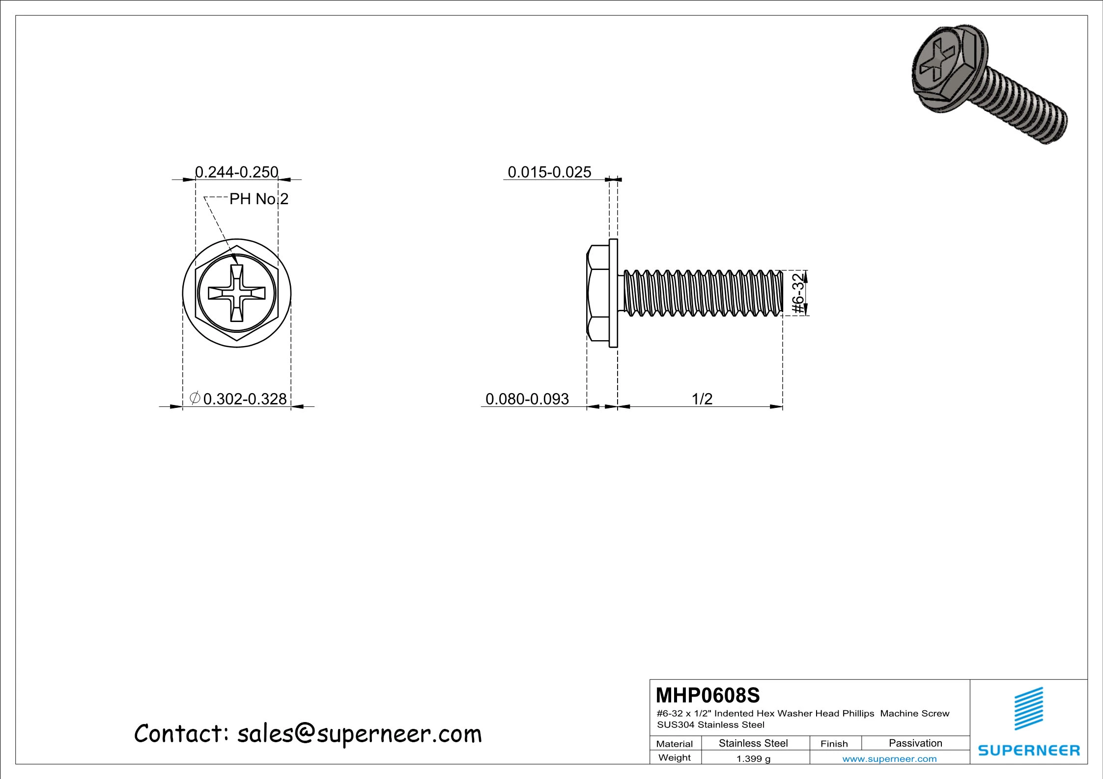 6-32 x 1/2" Indented Hex Washer Head Phillips Machine Screw SUS304 Stainless Steel Inox