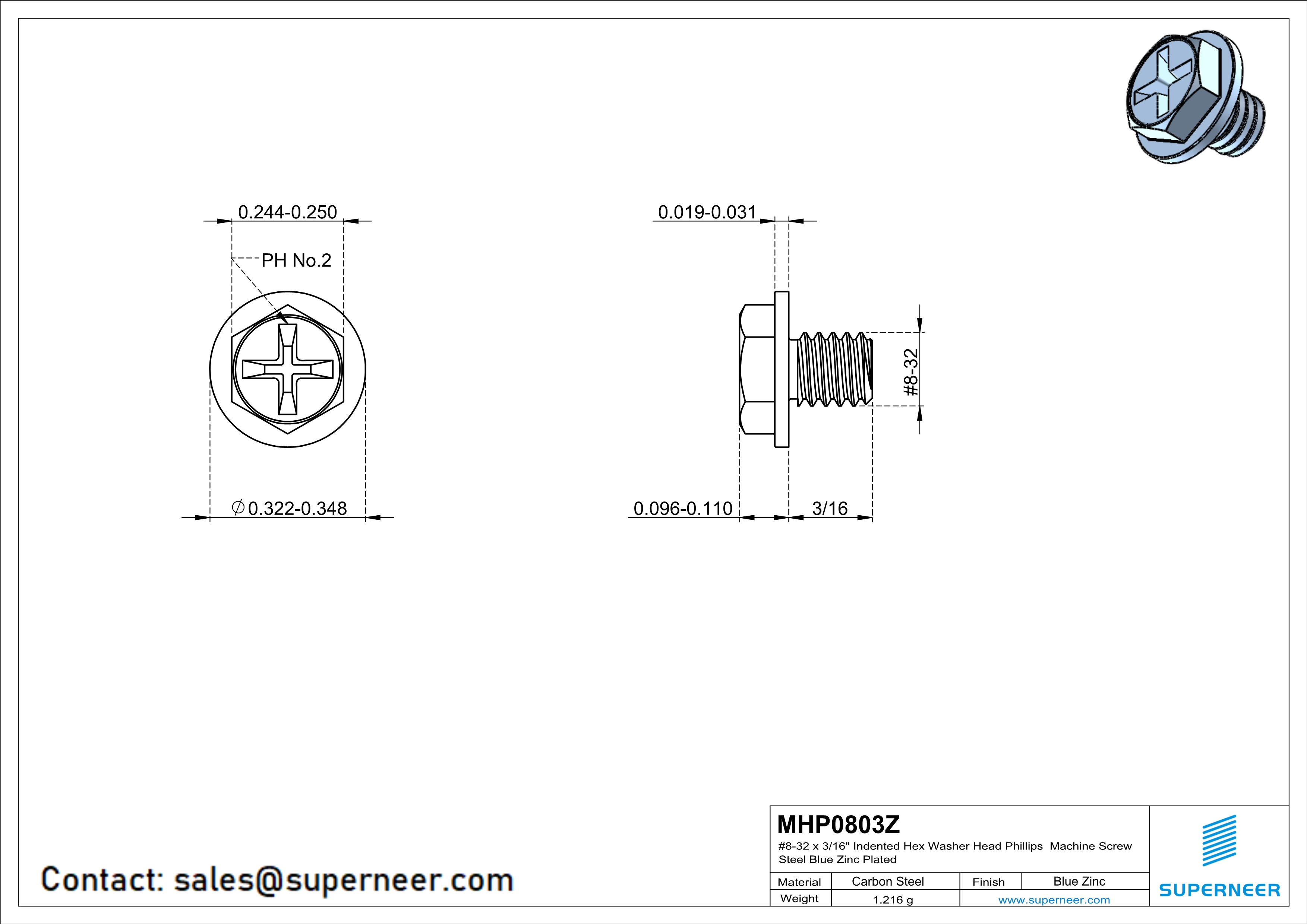 8-32 x 3/16" Indented Hex Washer Head Phillips Machine Screw Steel Blue Zinc Plated