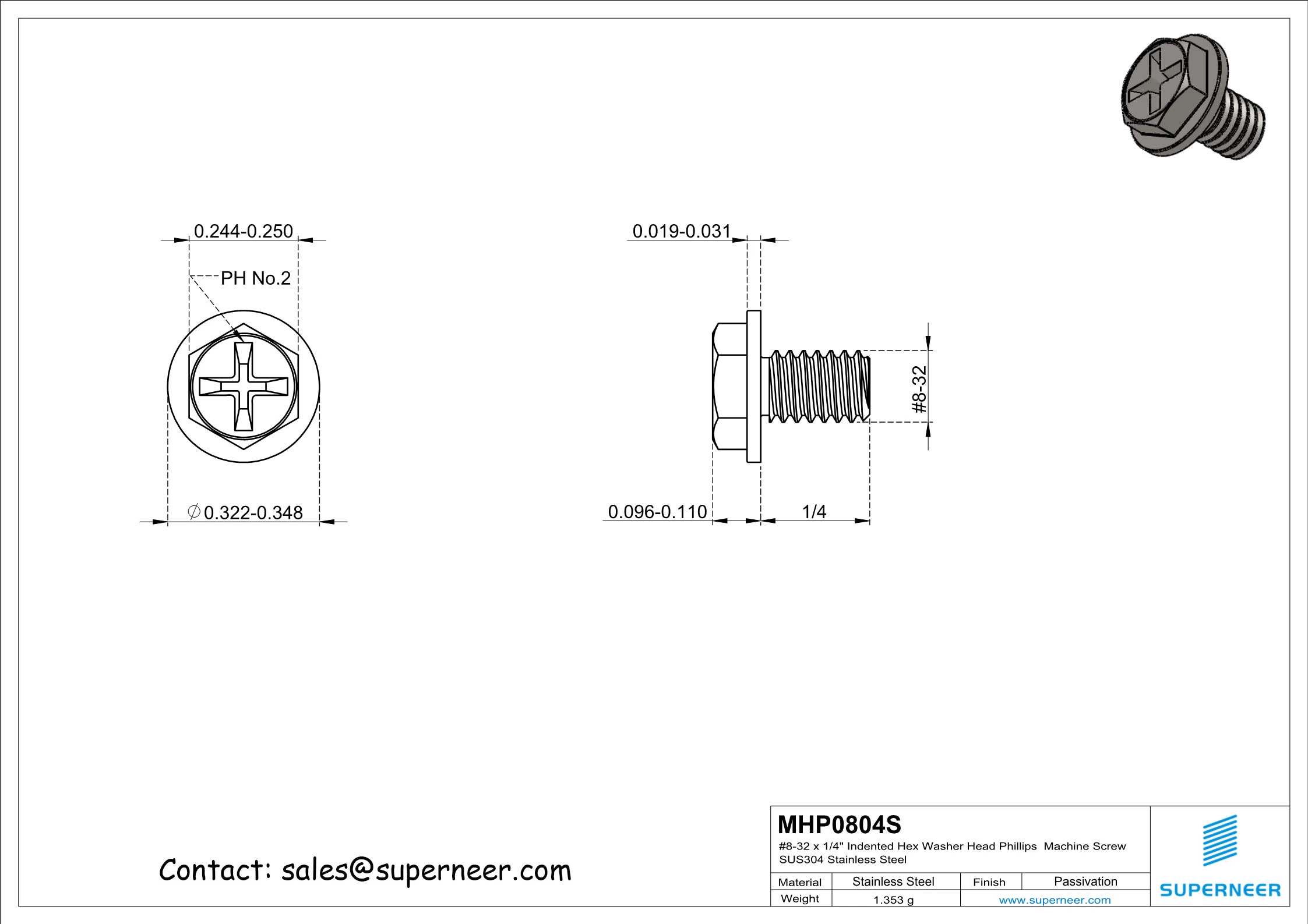 8-32 x 1/4" Indented Hex Washer Head Phillips Machine Screw SUS304 Stainless Steel Inox