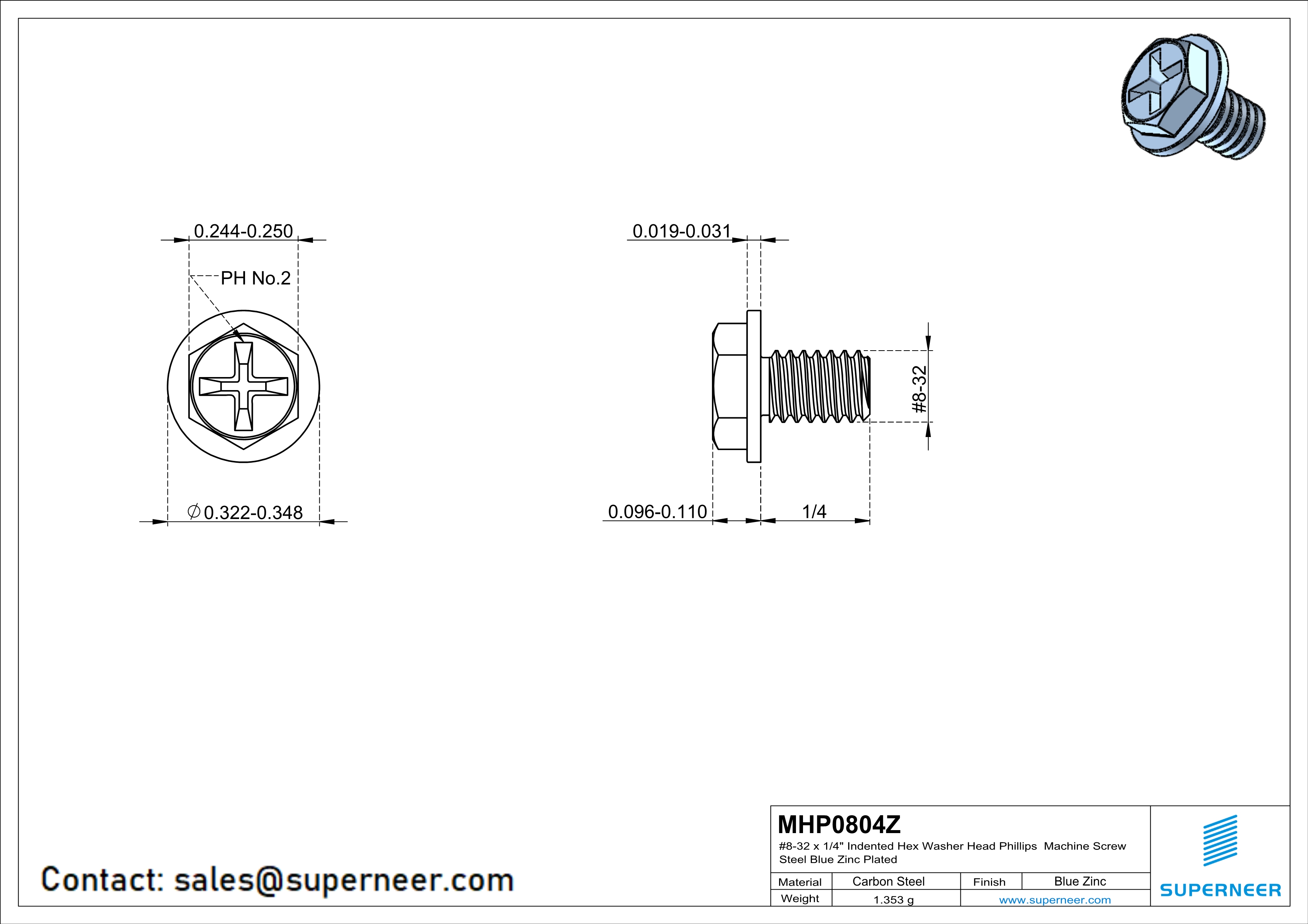 8-32 x 1/4" Indented Hex Washer Head Phillips Machine Screw Steel Blue Zinc Plated