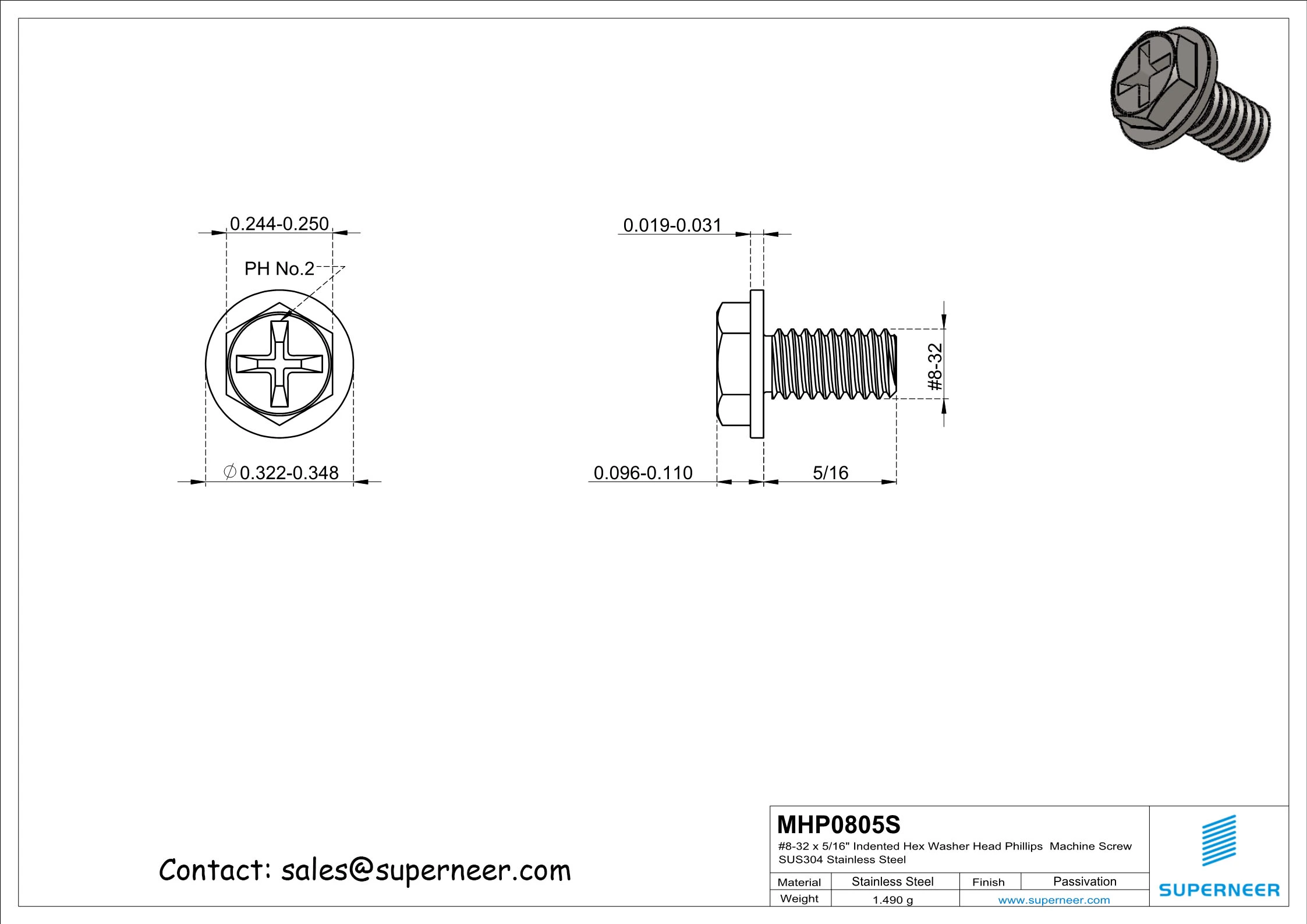 8-32 x 5/16" Indented Hex Washer Head Phillips Machine Screw SUS304 Stainless Steel Inox