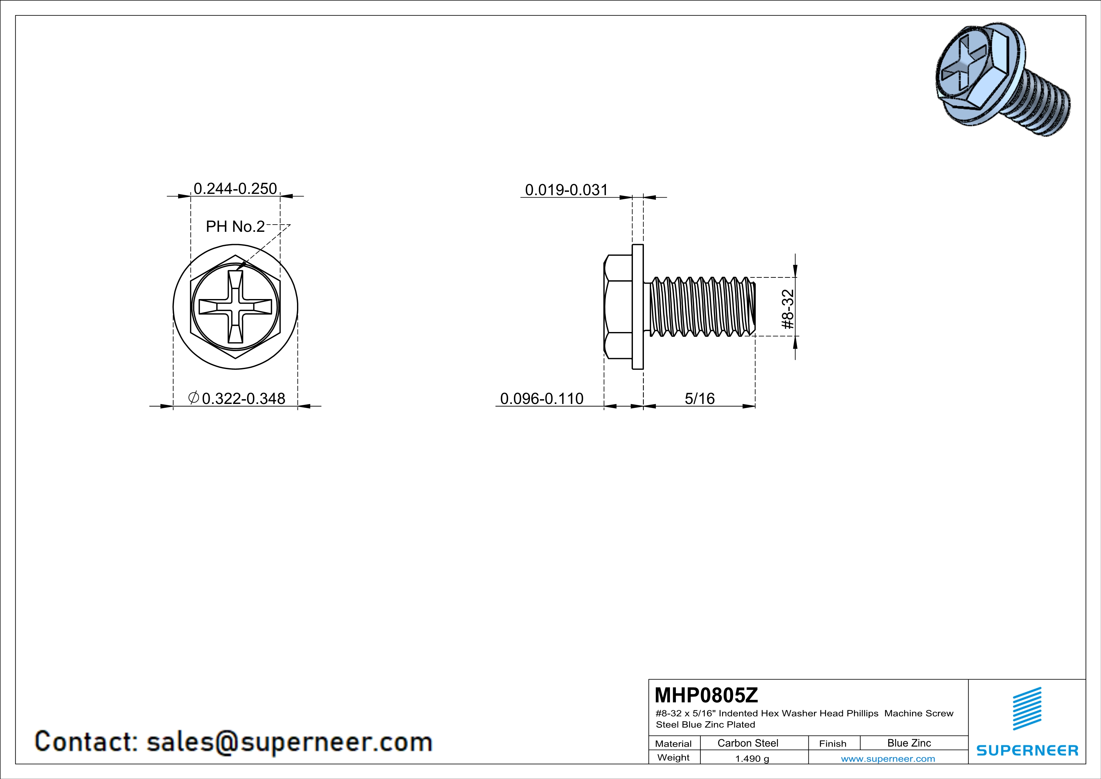 8-32 x 5/16" Indented Hex Washer Head Phillips Machine Screw Steel Blue Zinc Plated