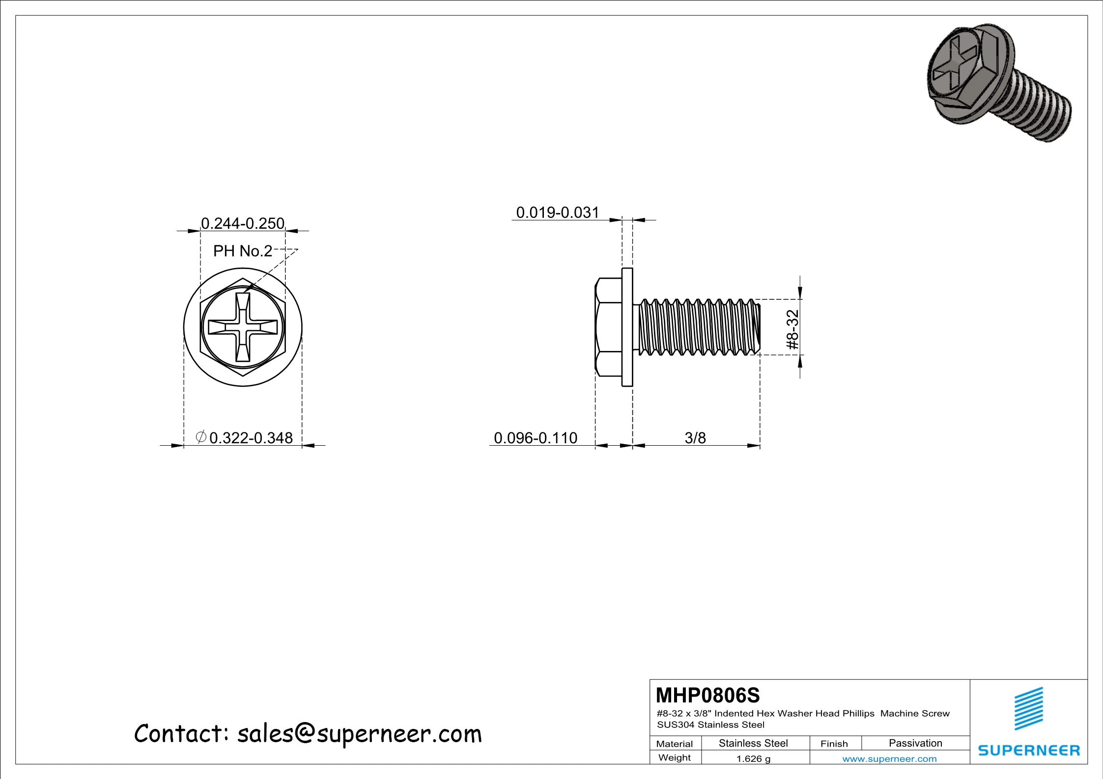 8-32 x 3/8" Indented Hex Washer Head Phillips Machine Screw SUS304 Stainless Steel Inox